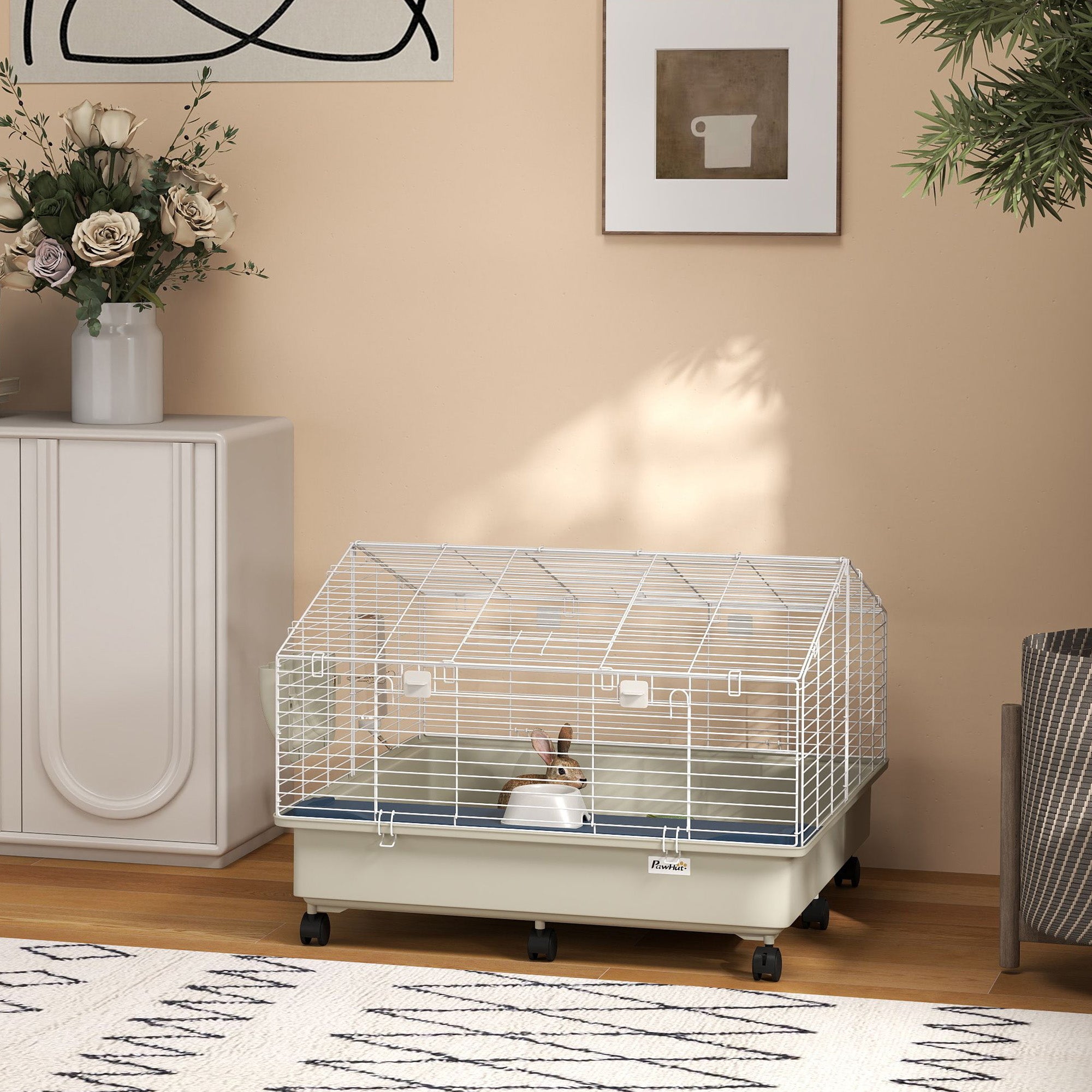 PawHut Small Animal Cage, Rolling Guinea Pig Cage with Water Bottle, Hay Feeder, Food Dish, Ramp, Rabbit Cage for Bunny, Guinea Pigs, Hedgehogs, 35" x 35" x 25", White