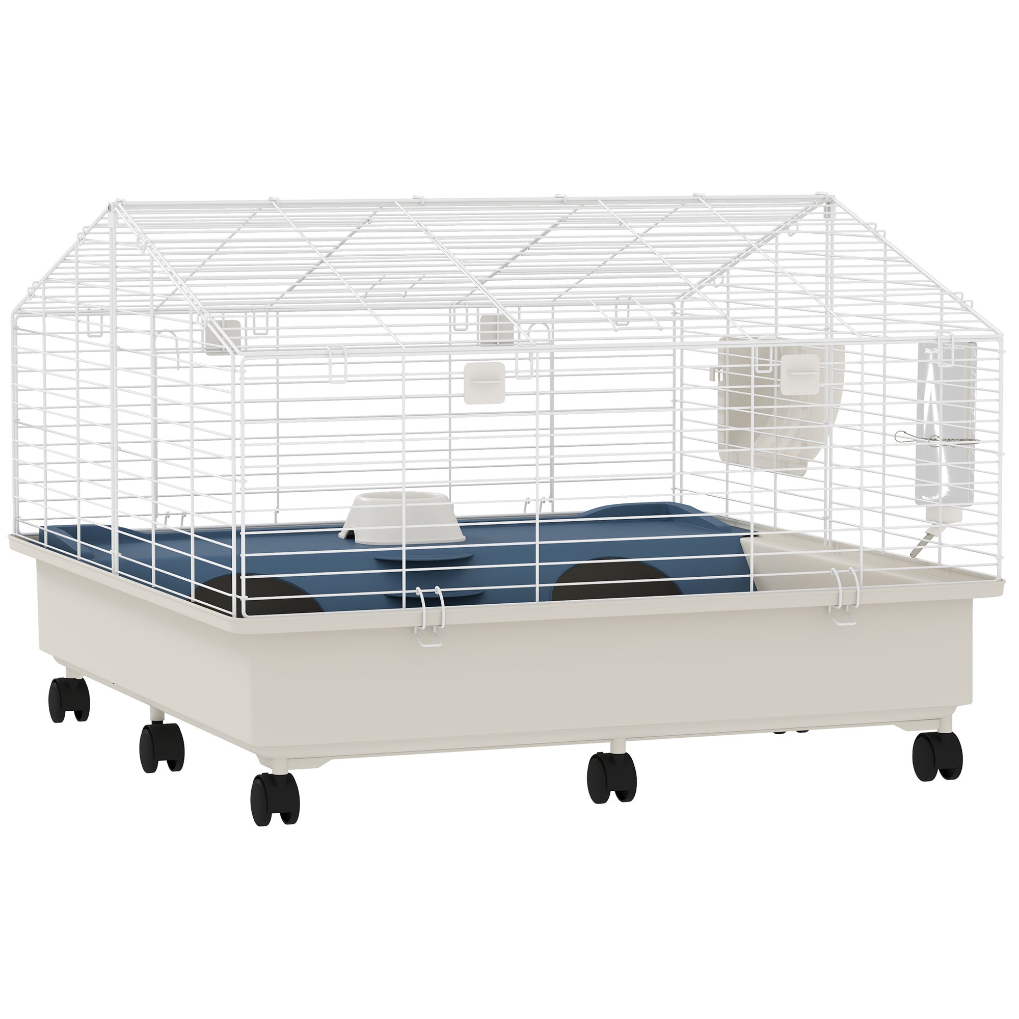 PawHut Small Animal Cage, Rolling Guinea Pig Cage with Water Bottle, Hay Feeder, Food Dish, Ramp, Rabbit Cage for Bunny, Guinea Pigs, Hedgehogs, 35" x 35" x 25", White