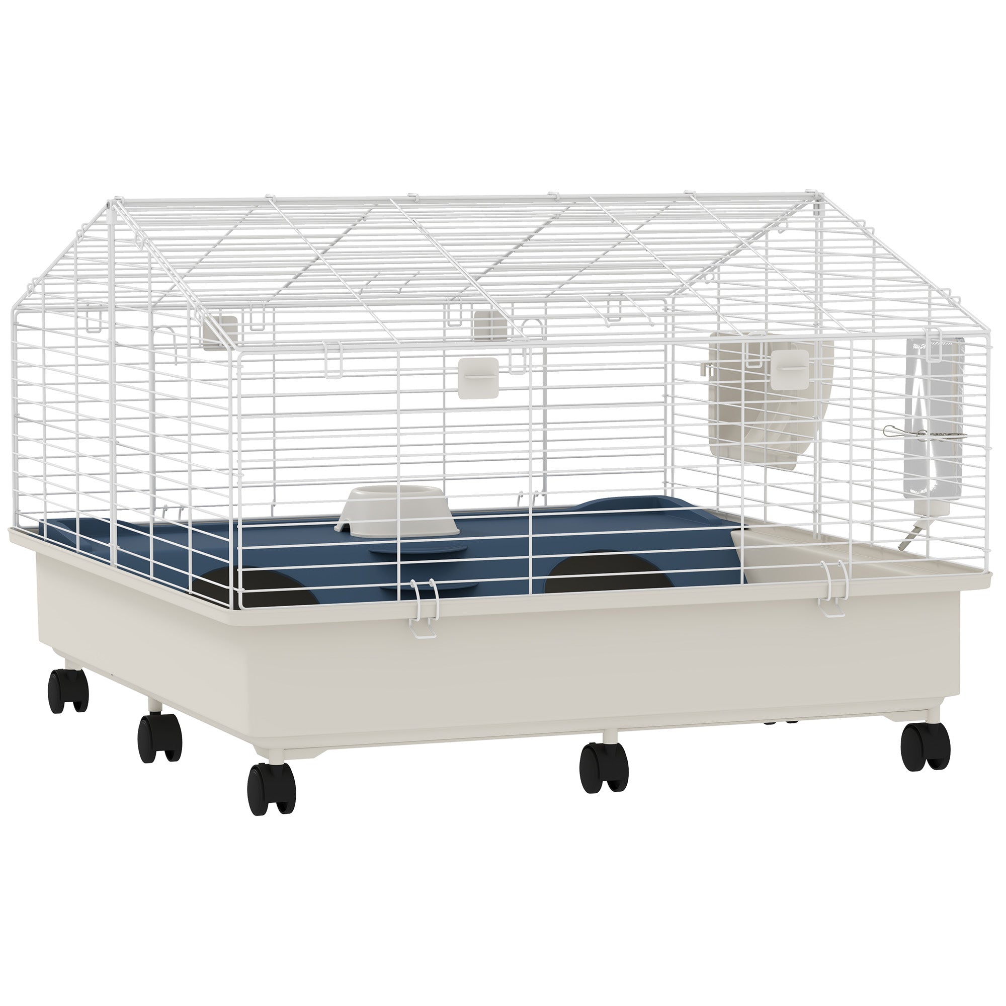 PawHut Small Animal Cage, Rolling Guinea Pig Cage with Water Bottle, Hay Feeder, Food Dish, Ramp, Rabbit Cage for Bunny, Guinea Pigs, Hedgehogs, 35" x 35" x 25", White