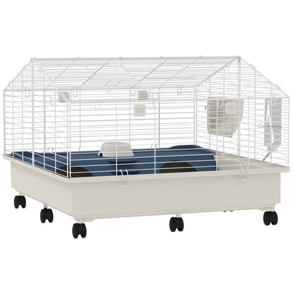 PawHut Small Animal Cage, Rolling Guinea Pig Cage with Water Bottle, Hay Feeder, Food Dish, Ramp, Rabbit Cage for Bunny, Guinea Pigs, Hedgehogs, 35" x 35" x 25", White