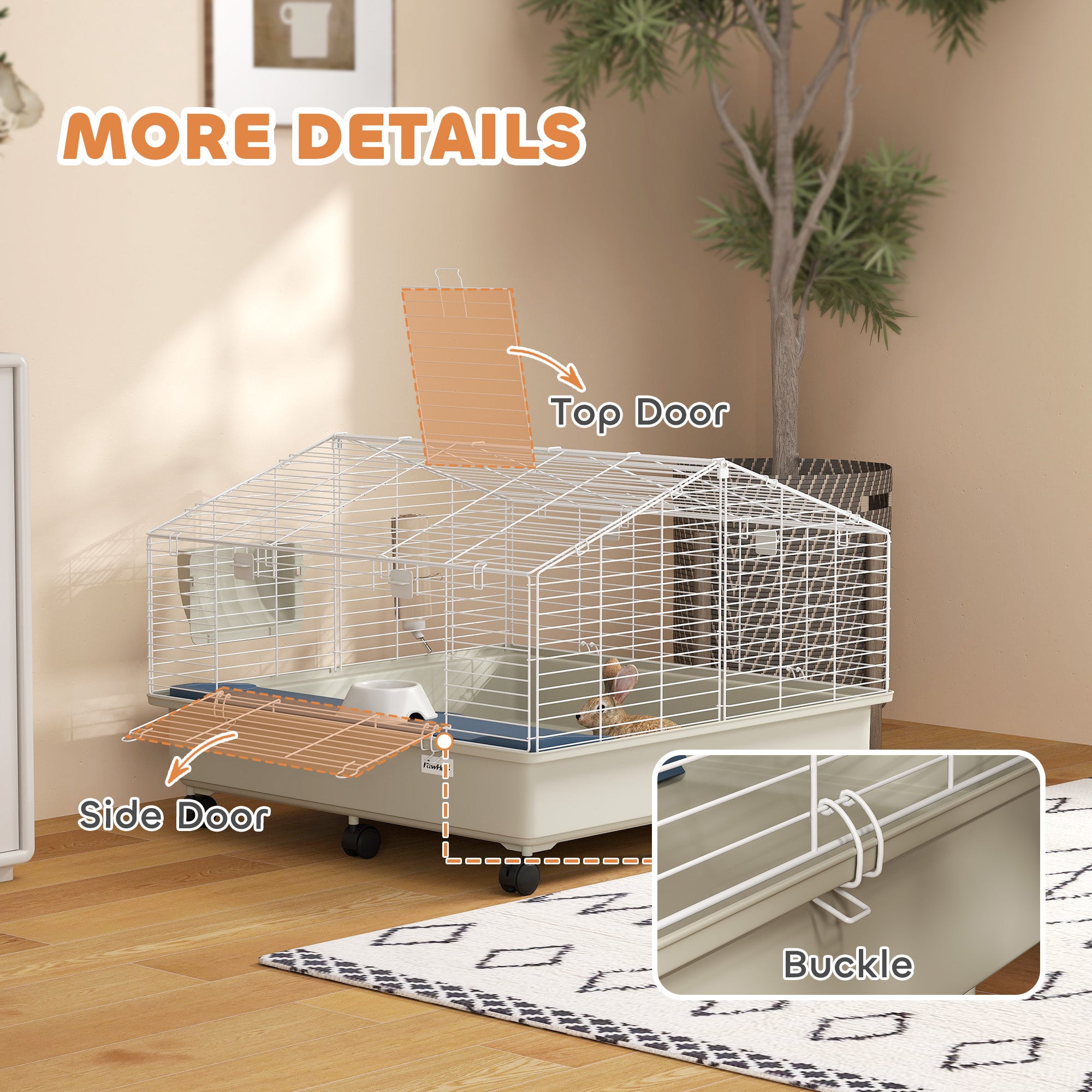 PawHut Small Animal Cage, Rolling Guinea Pig Cage with Water Bottle, Hay Feeder, Food Dish, Ramp, Rabbit Cage for Bunny, Guinea Pigs, Hedgehogs, 35" x 35" x 25", White