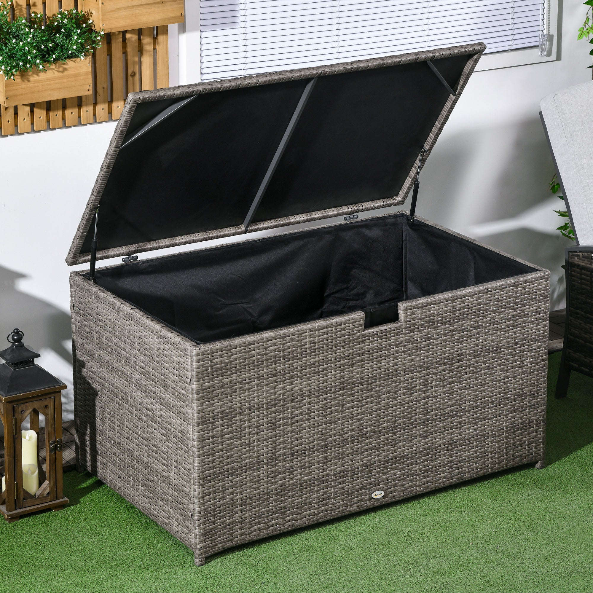 Outsunny Rattan Deck Box, Rattan 113 Gallon Outdoor Storage Box with Lid and Handle for Indoor, Patio Furniture Cushions, Pool and Garden Tools, Mixed Grey
