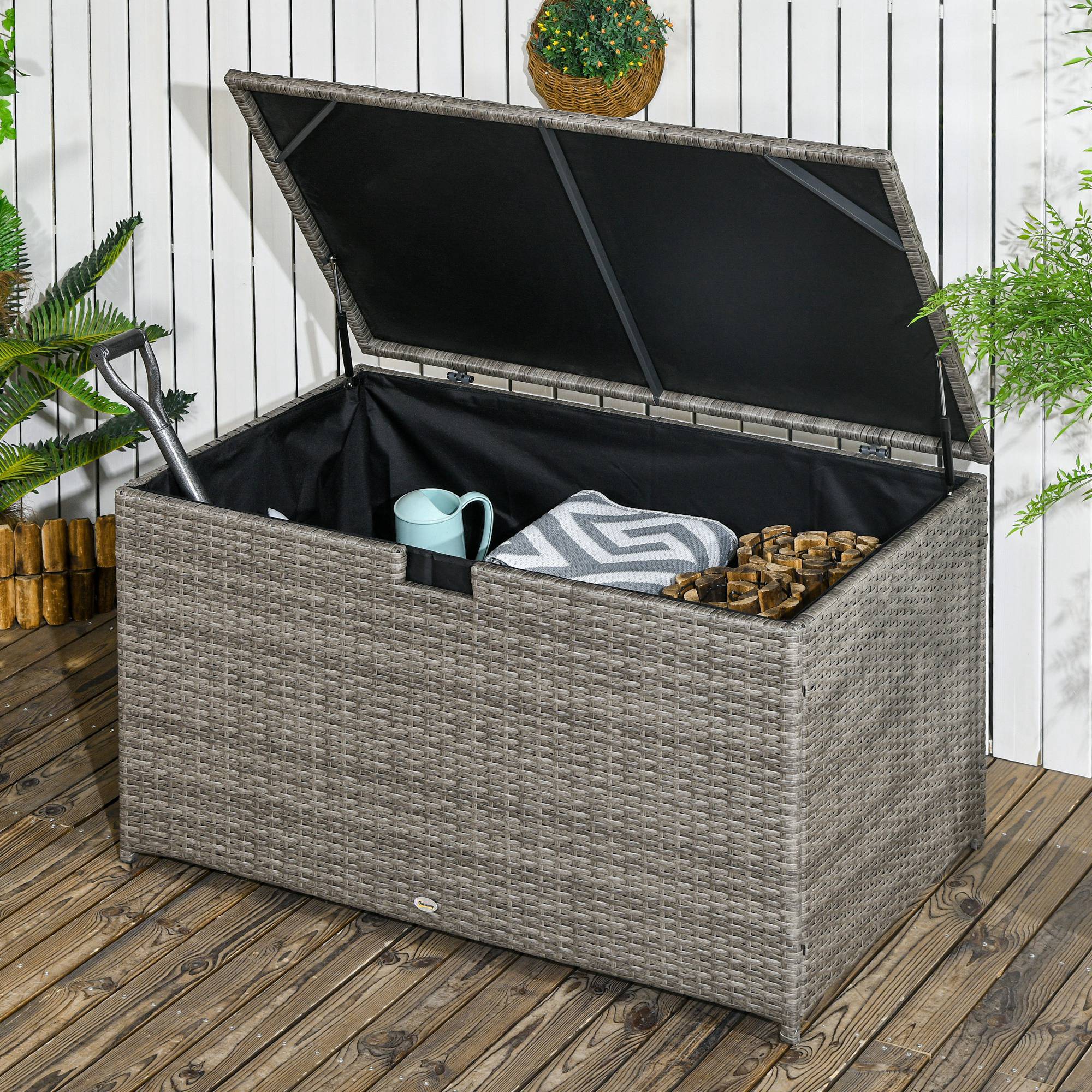 Outsunny Rattan Deck Box, Rattan 113 Gallon Outdoor Storage Box with Lid and Handle for Indoor, Patio Furniture Cushions, Pool and Garden Tools, Mixed Grey