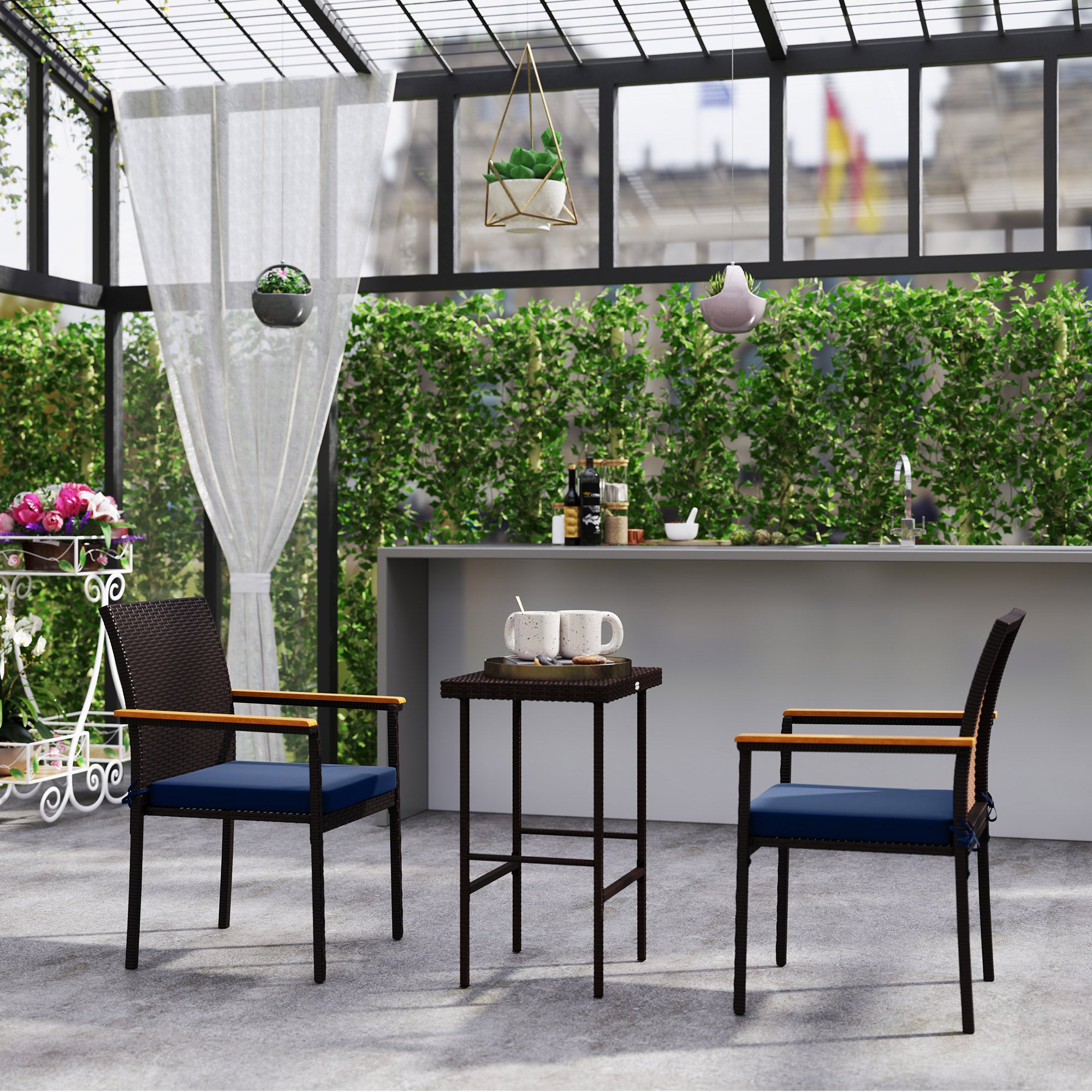 Outsunny Stackable Wicker Patio Chairs Set of 2, PE Rattan Outdoor Dining Chairs with Removable Cushion, Armrest for Garden, Porch, Yard, Navy Blue