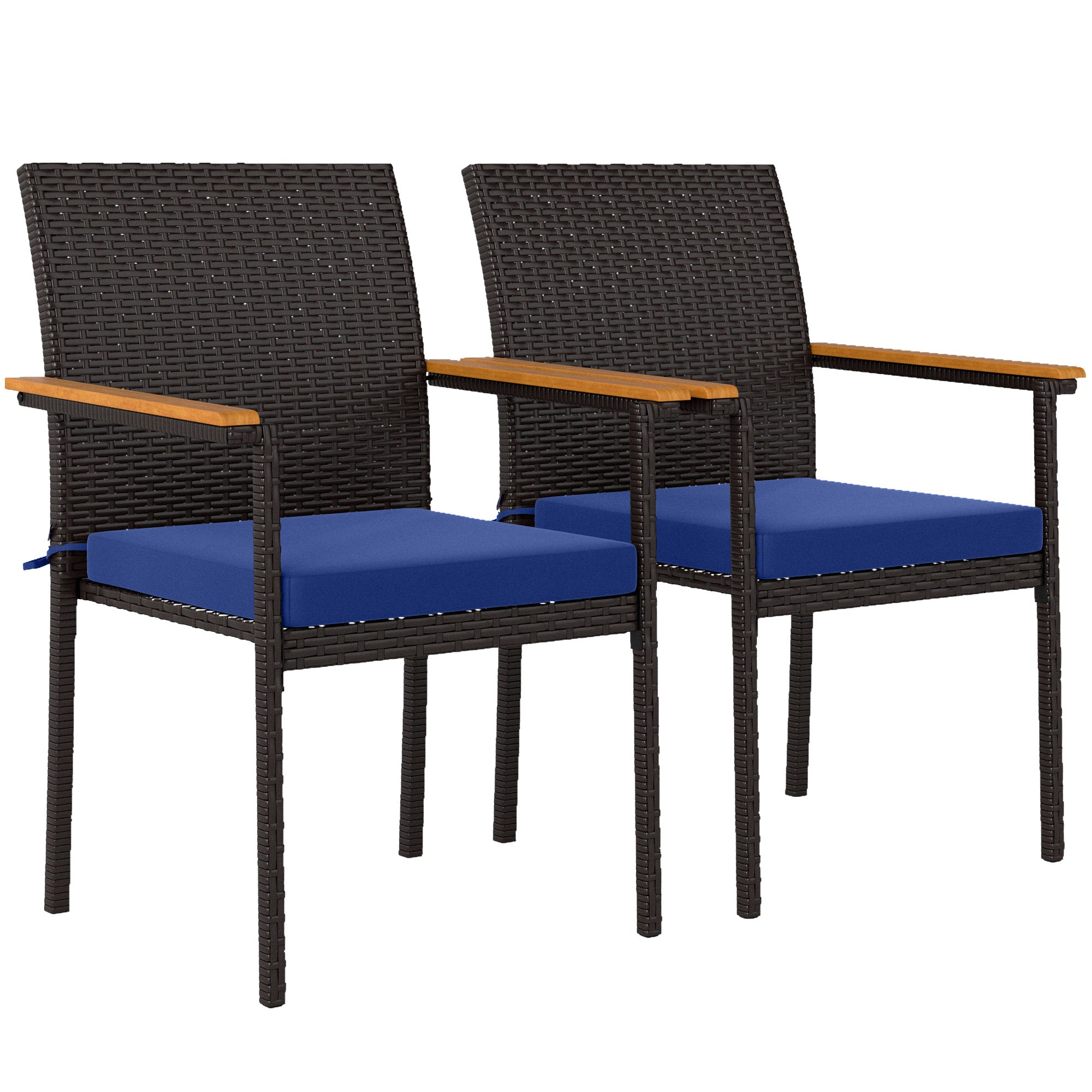 Outsunny Stackable Wicker Patio Chairs Set of 2, PE Rattan Outdoor Dining Chairs with Removable Cushion, Armrest for Garden, Porch, Yard, Navy Blue