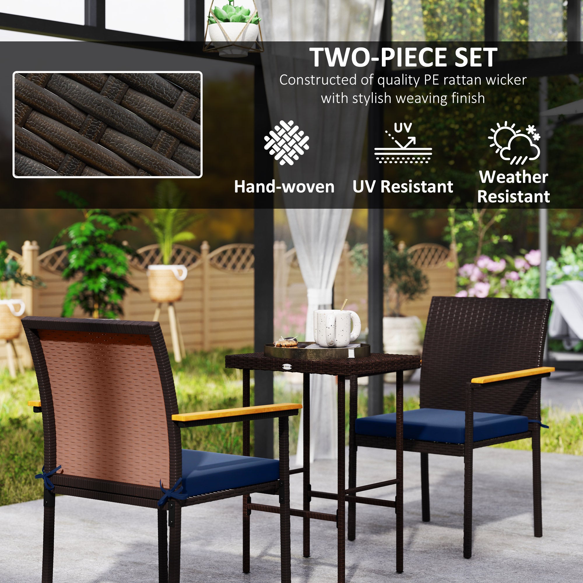 Outsunny Stackable Wicker Patio Chairs Set of 2, PE Rattan Outdoor Dining Chairs with Removable Cushion, Armrest for Garden, Porch, Yard, Navy Blue
