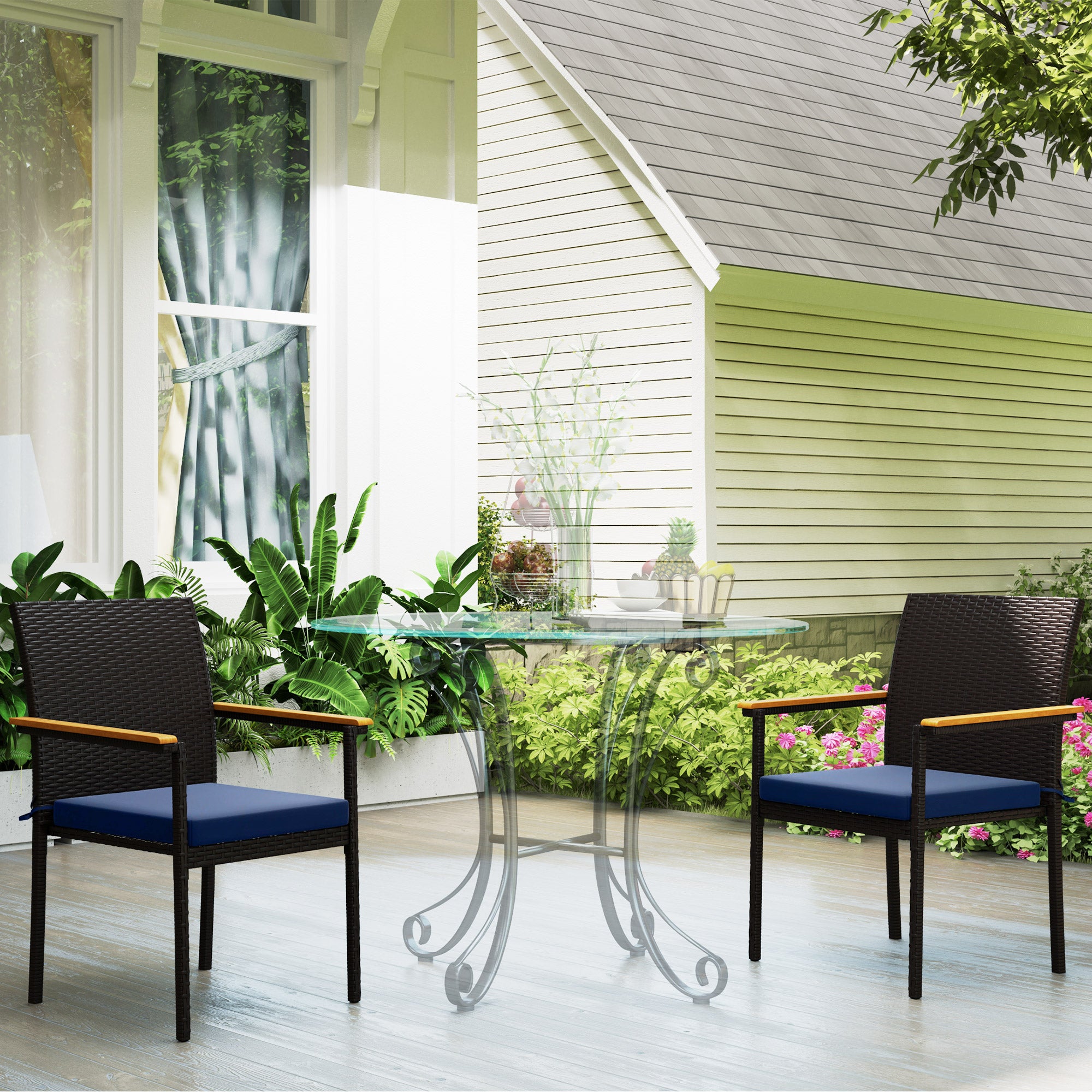 Outsunny Stackable Wicker Patio Chairs Set of 2, PE Rattan Outdoor Dining Chairs with Removable Cushion, Armrest for Garden, Porch, Yard, Navy Blue
