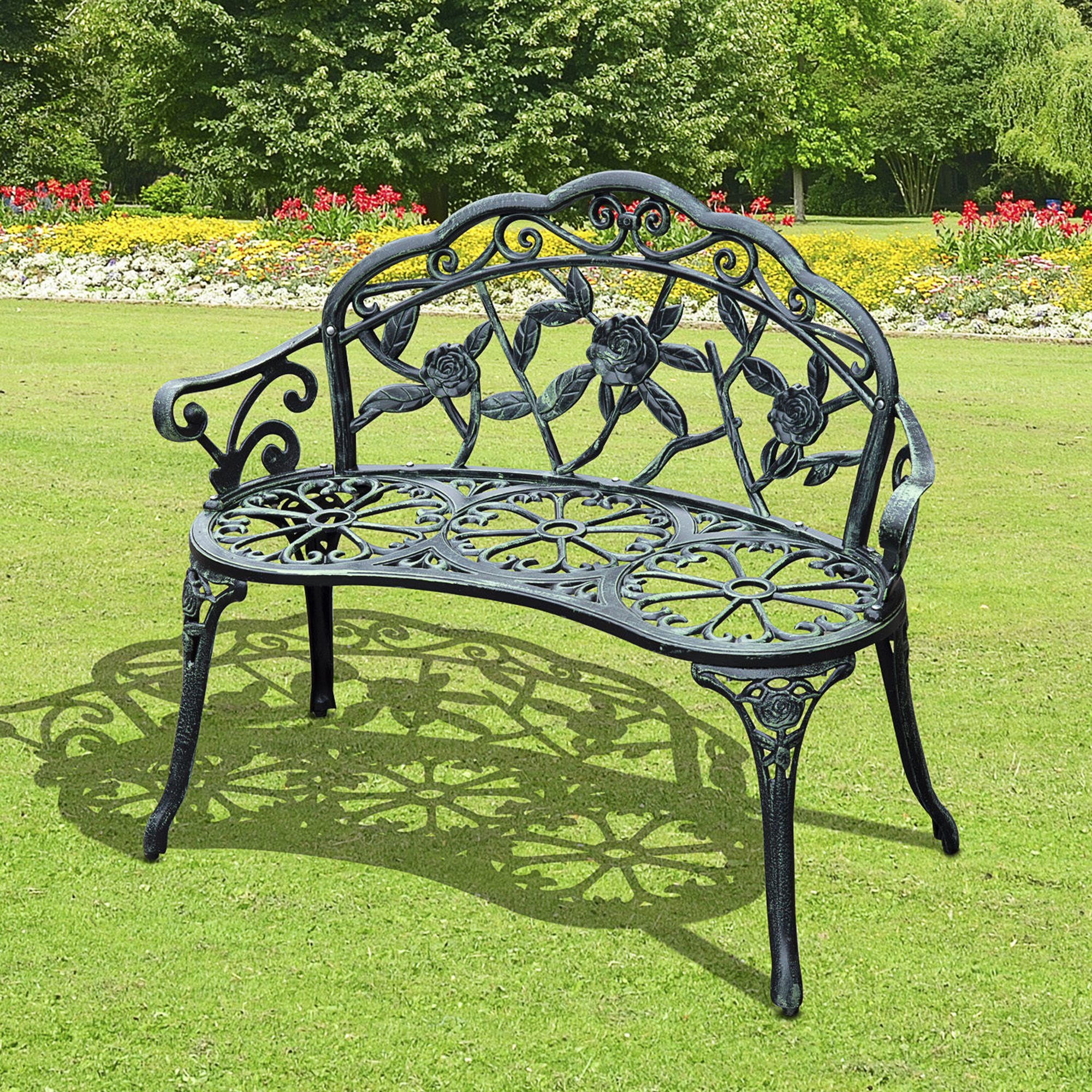 Outsunny 40" Outdoor Garden Bench, Cast Aluminum Antique Rose Style Patio Garden Park Loveseat Bench for Backyard, Porch, Balcony, Lawn, Green