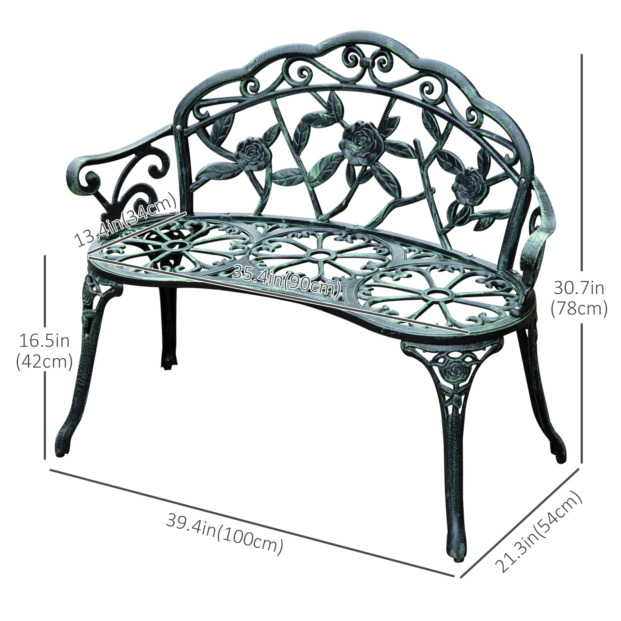 Outsunny 40" Outdoor Garden Bench, Cast Aluminum Antique Rose Style Patio Garden Park Loveseat Bench for Backyard, Porch, Balcony, Lawn, Green