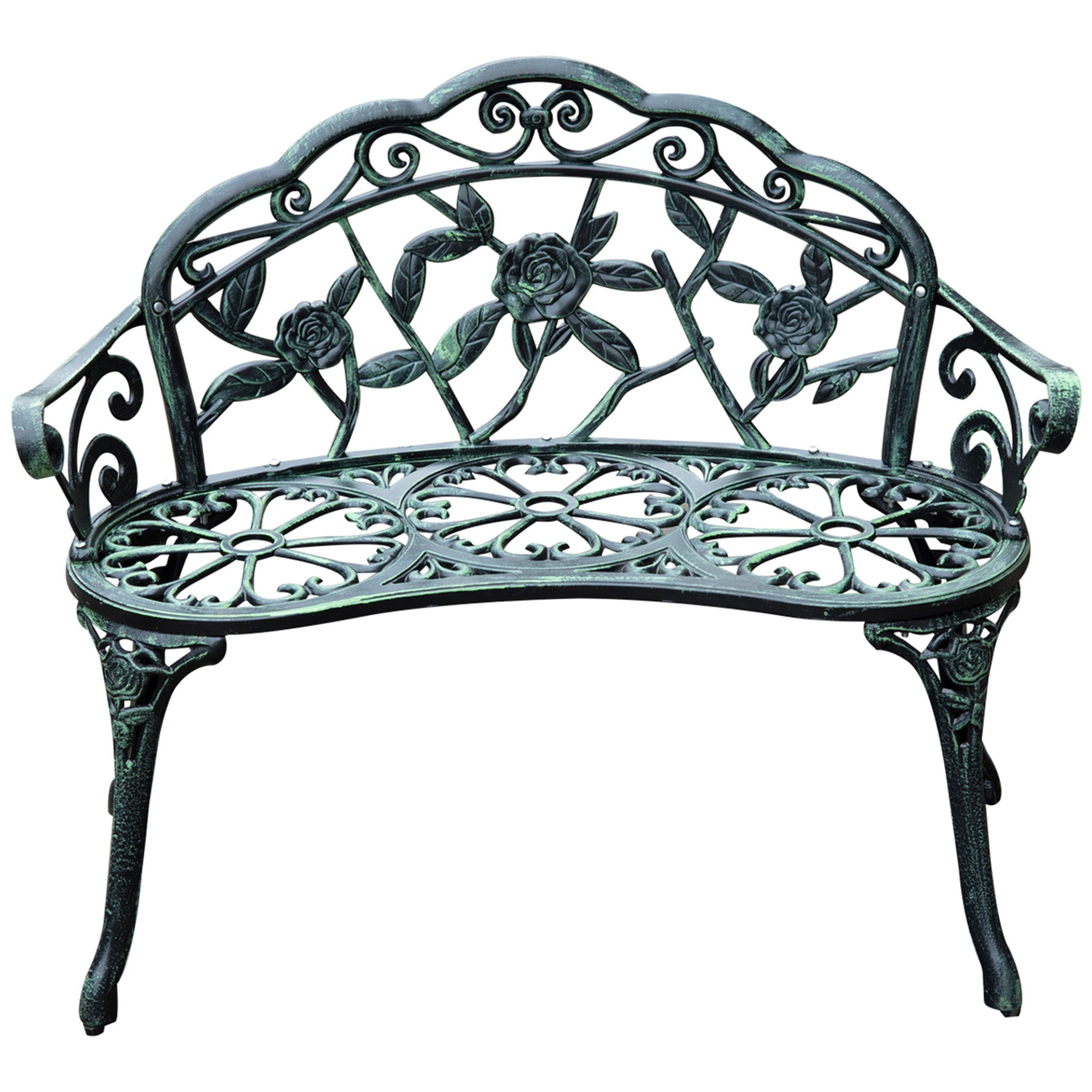 Outsunny 40" Outdoor Garden Bench, Cast Aluminum Antique Rose Style Patio Garden Park Loveseat Bench for Backyard, Porch, Balcony, Lawn, Green