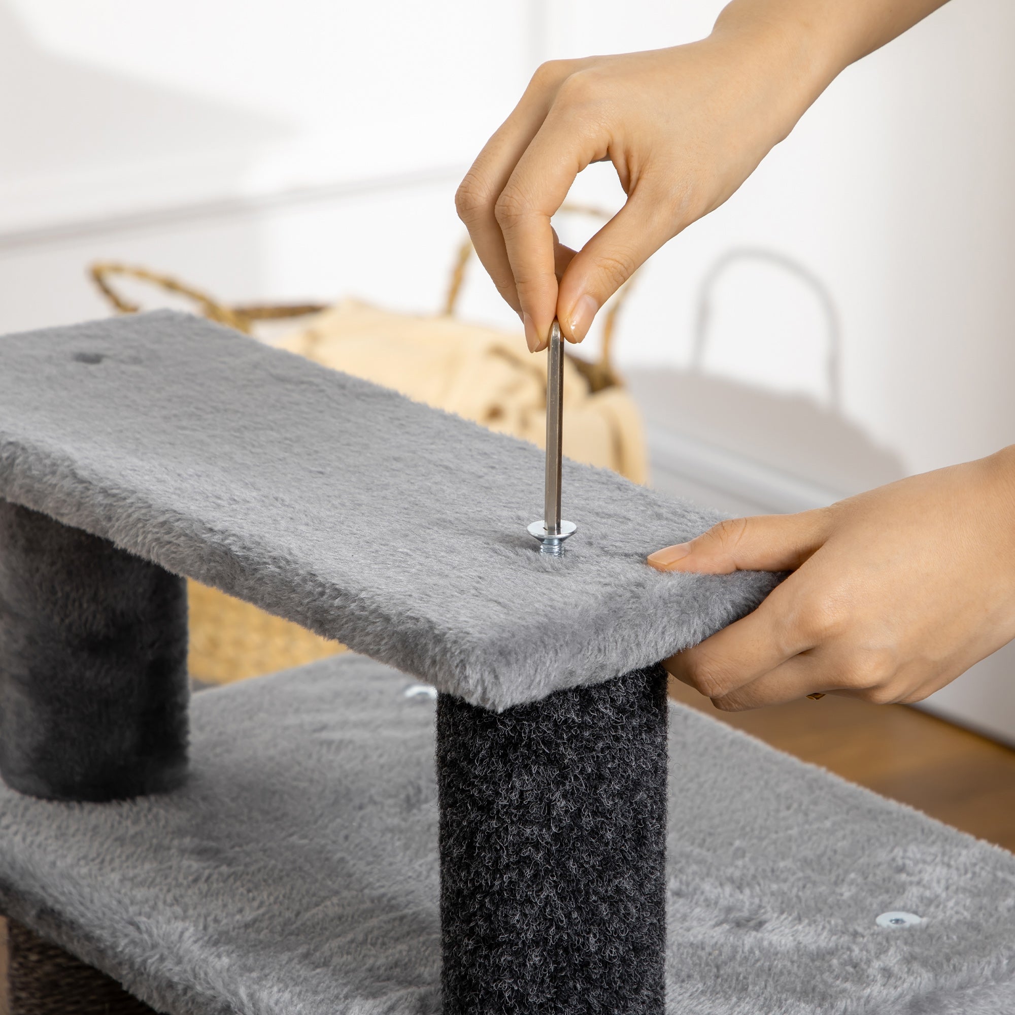 PawHut Adjustable Height Cat Stairs with Jute Scratching Posts, Cat House for Cozy Rest, Pet Steps for Couch Sofa and High Bed with Hanging Ball, Front Hole, Platform, Grey