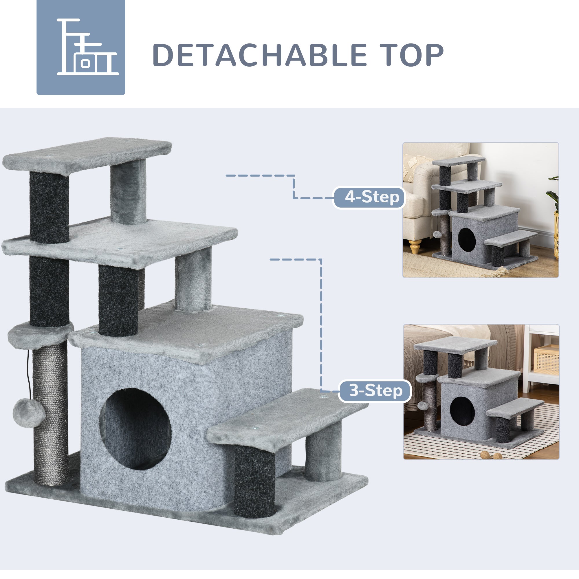 PawHut Adjustable Height Cat Stairs with Jute Scratching Posts, Cat House for Cozy Rest, Pet Steps for Couch Sofa and High Bed with Hanging Ball, Front Hole, Platform, Grey