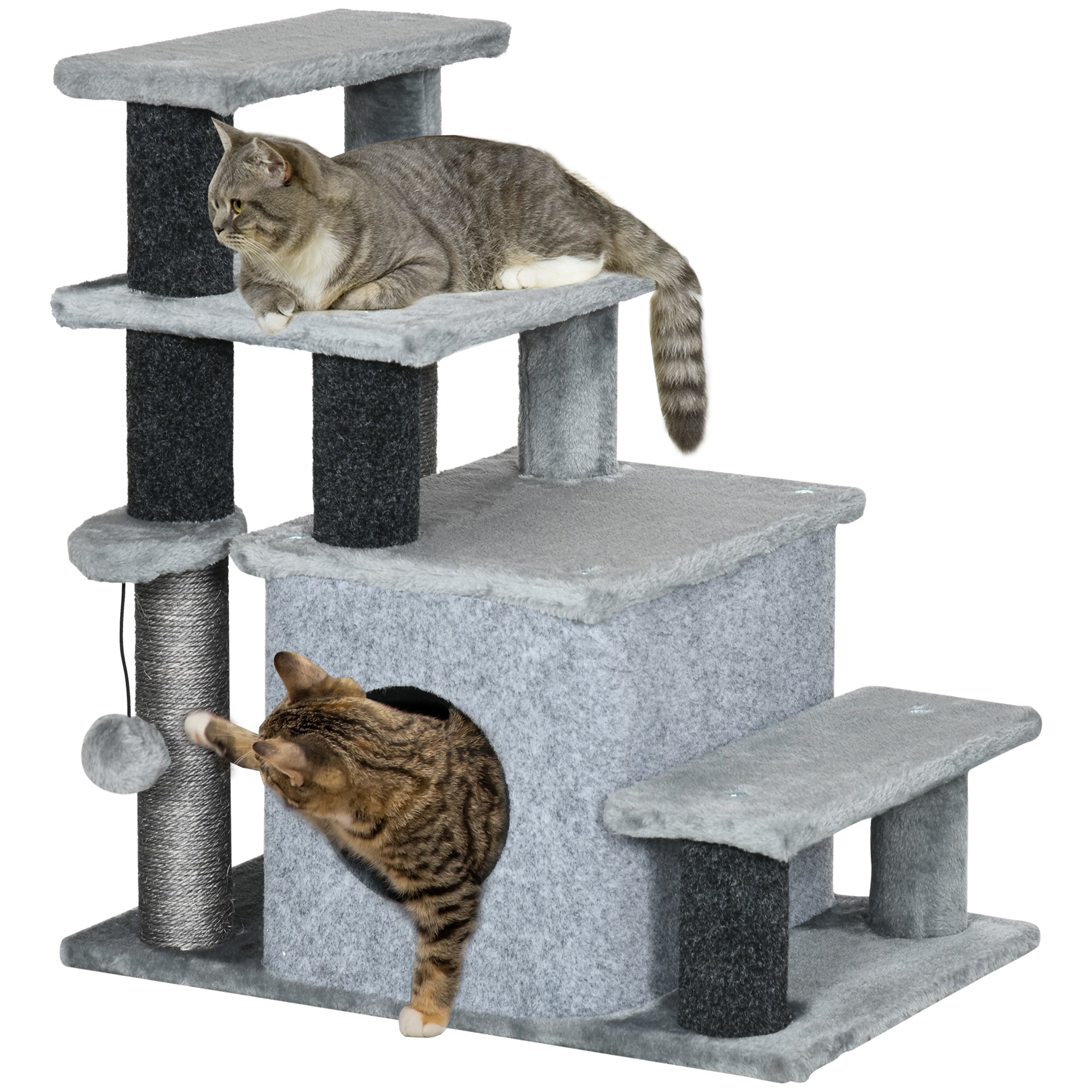 PawHut Adjustable Height Cat Stairs with Jute Scratching Posts, Cat House for Cozy Rest, Pet Steps for Couch Sofa and High Bed with Hanging Ball, Front Hole, Platform, Grey