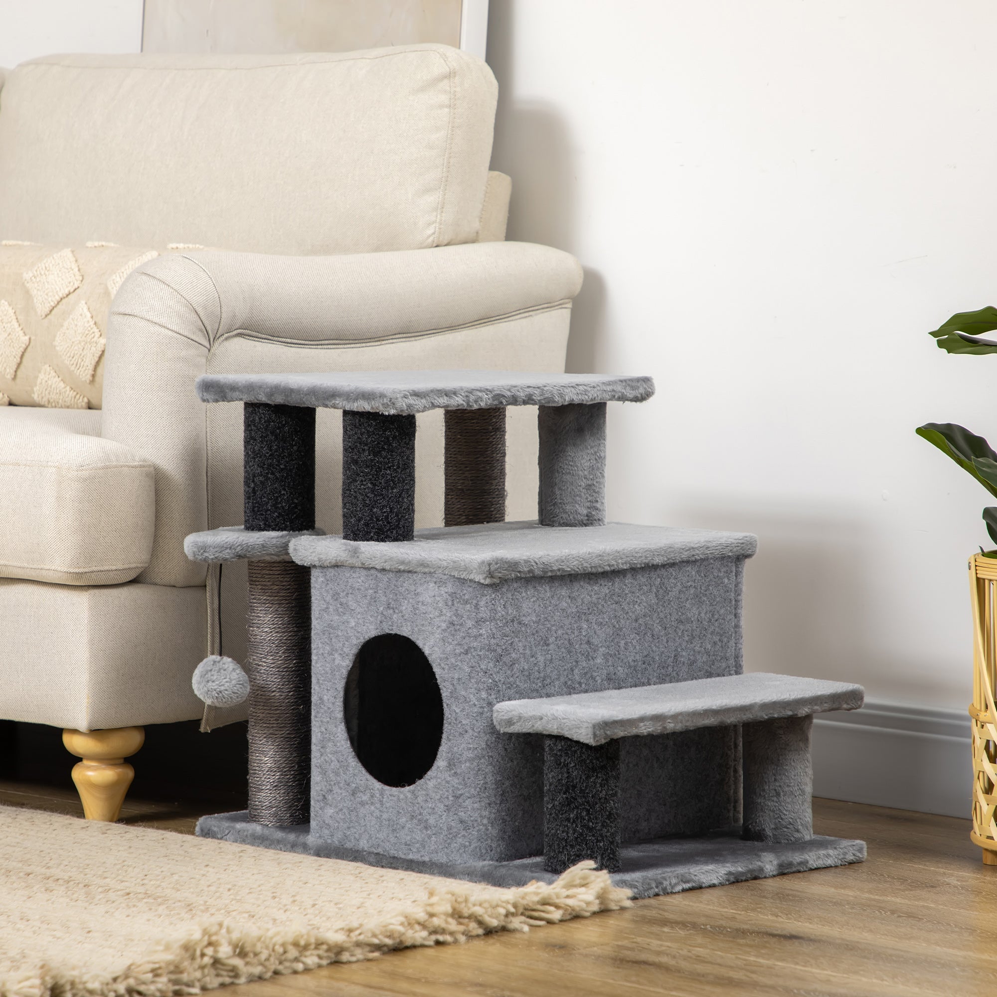 PawHut Adjustable Height Cat Stairs with Jute Scratching Posts, Cat House for Cozy Rest, Pet Steps for Couch Sofa and High Bed with Hanging Ball, Front Hole, Platform, Grey