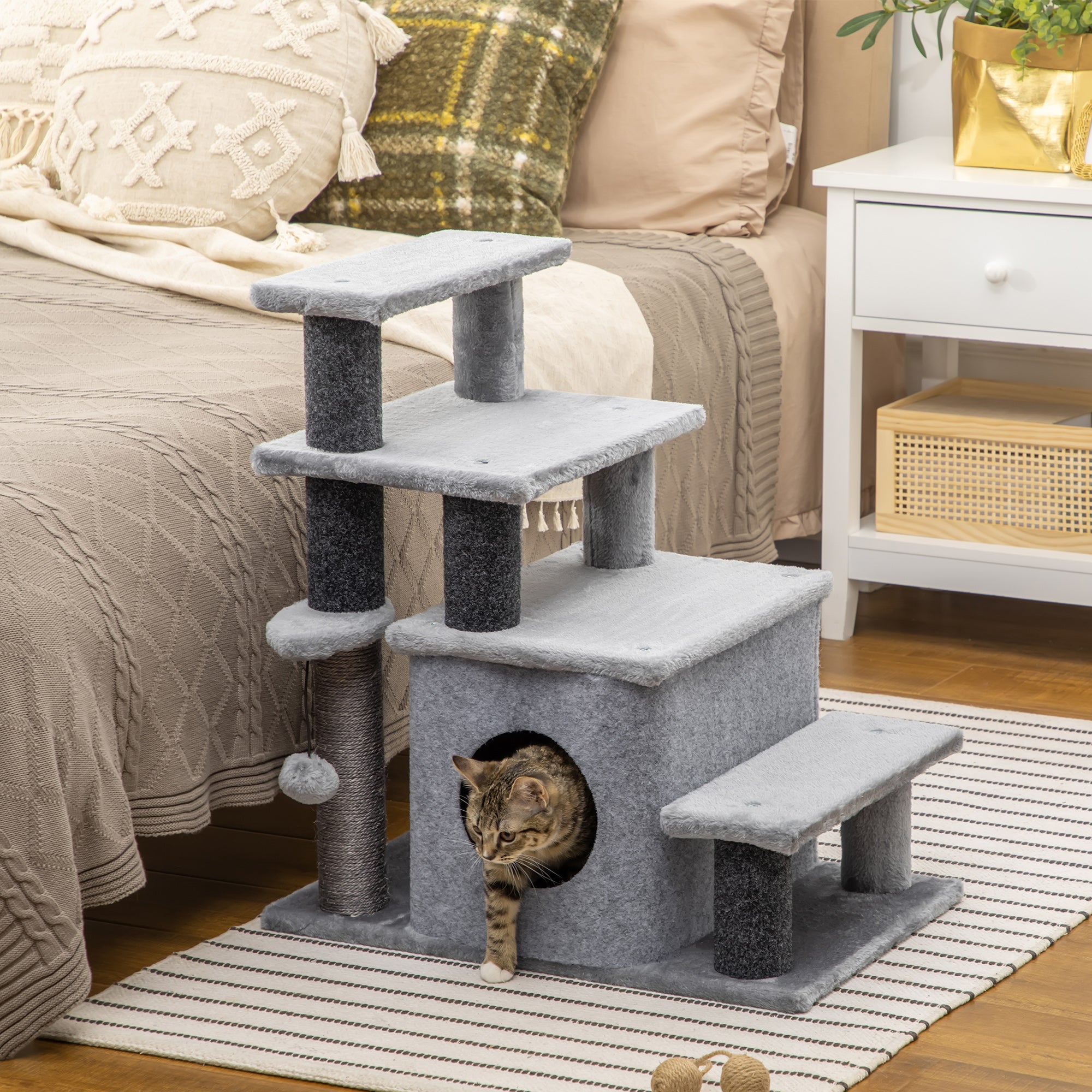 PawHut Adjustable Height Cat Stairs with Jute Scratching Posts, Cat House for Cozy Rest, Pet Steps for Couch Sofa and High Bed with Hanging Ball, Front Hole, Platform, Grey