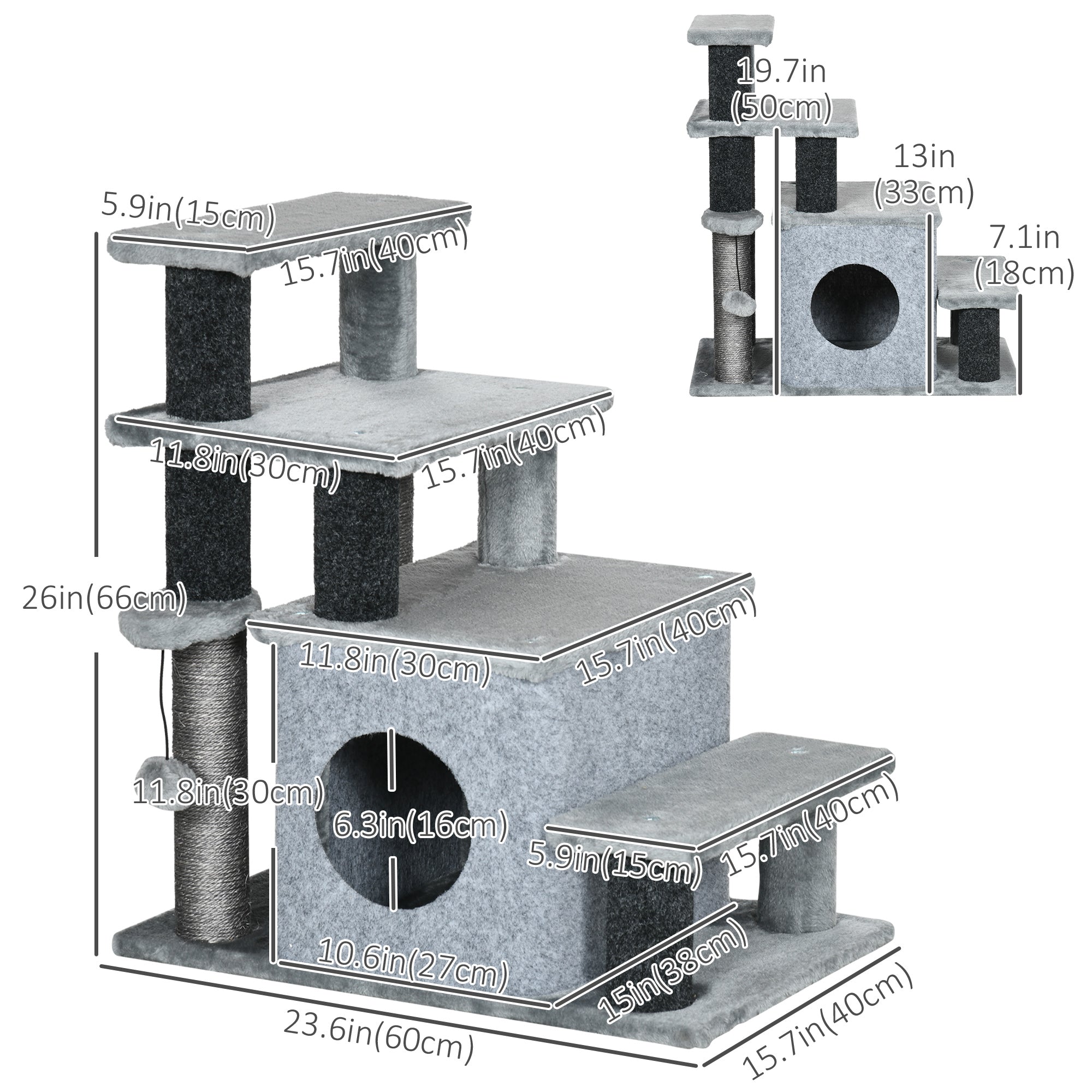 PawHut Adjustable Height Cat Stairs with Jute Scratching Posts, Cat House for Cozy Rest, Pet Steps for Couch Sofa and High Bed with Hanging Ball, Front Hole, Platform, Grey