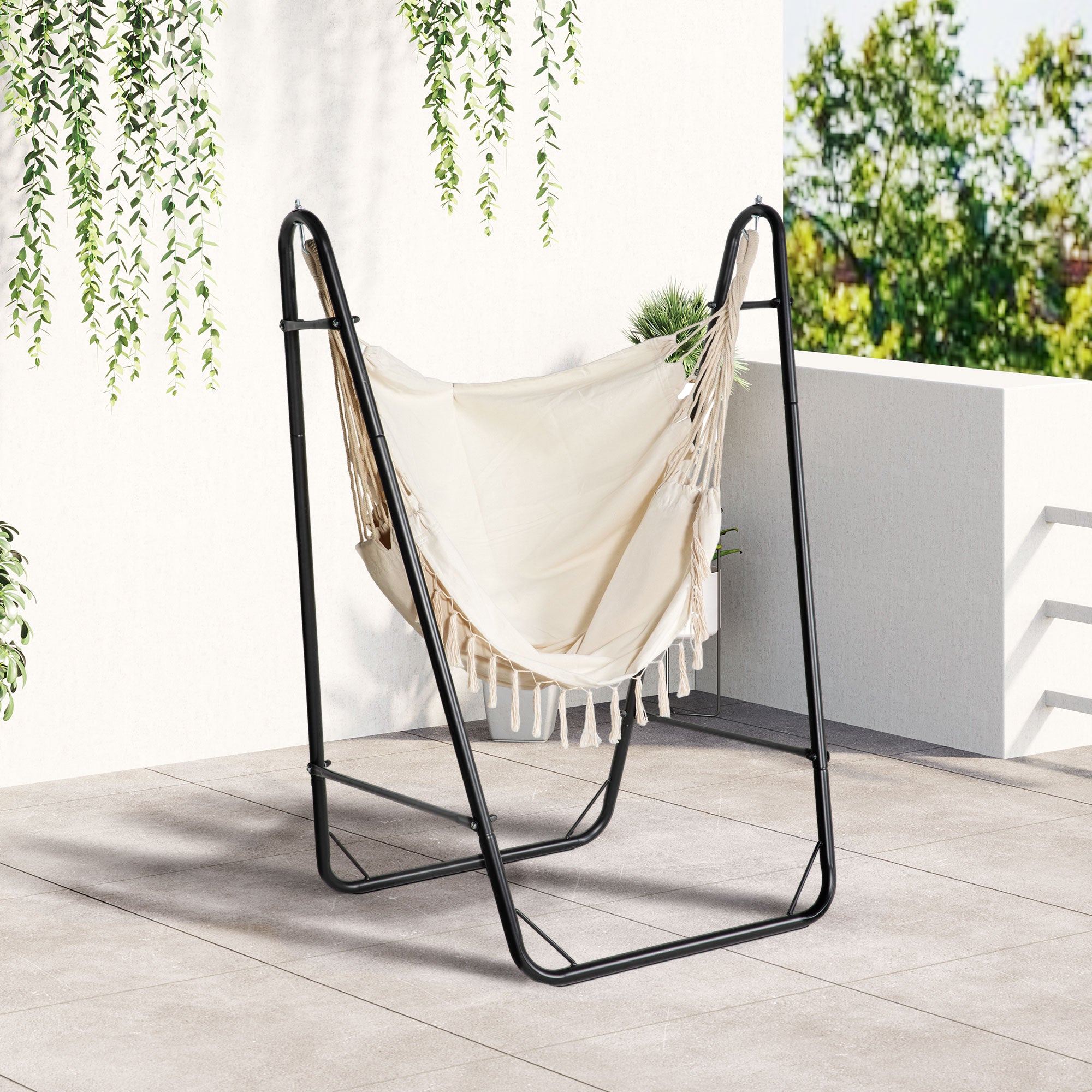 Outsunny Patio Hammock Chair with U Shape Stand, Outdoor Hammock Swing Hanging Lounge Chair with Side Pocket, Cream White