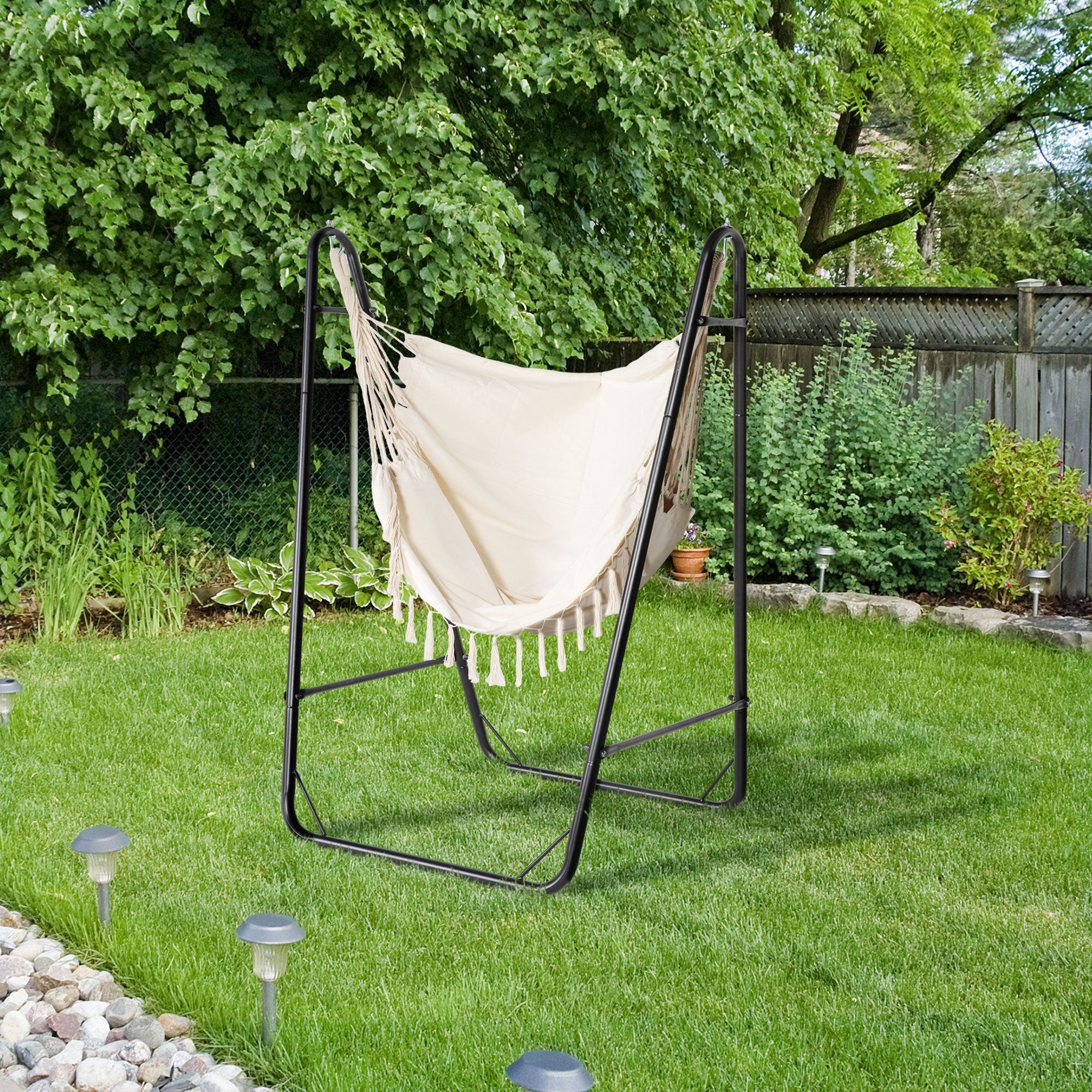 Outsunny Patio Hammock Chair with U Shape Stand, Outdoor Hammock Swing Hanging Lounge Chair with Side Pocket, Cream White