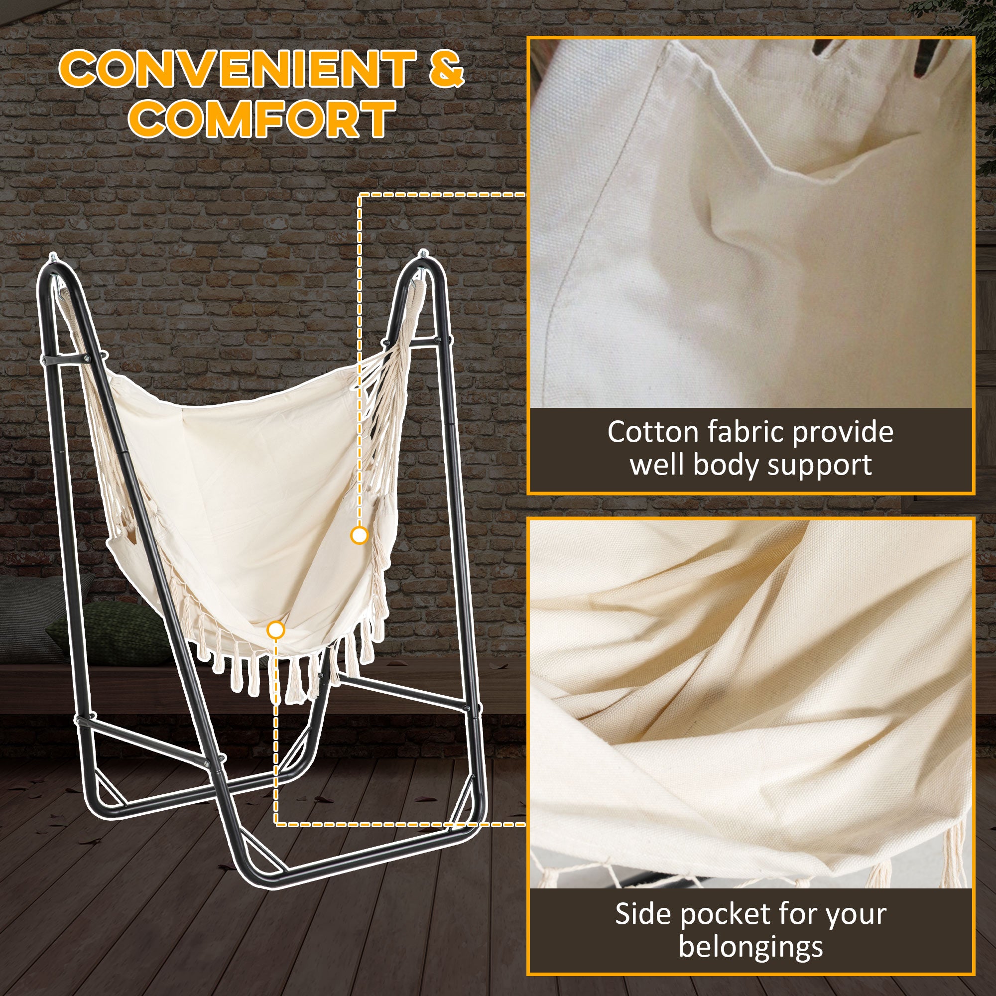 Outsunny Patio Hammock Chair with U Shape Stand, Outdoor Hammock Swing Hanging Lounge Chair with Side Pocket, Cream White