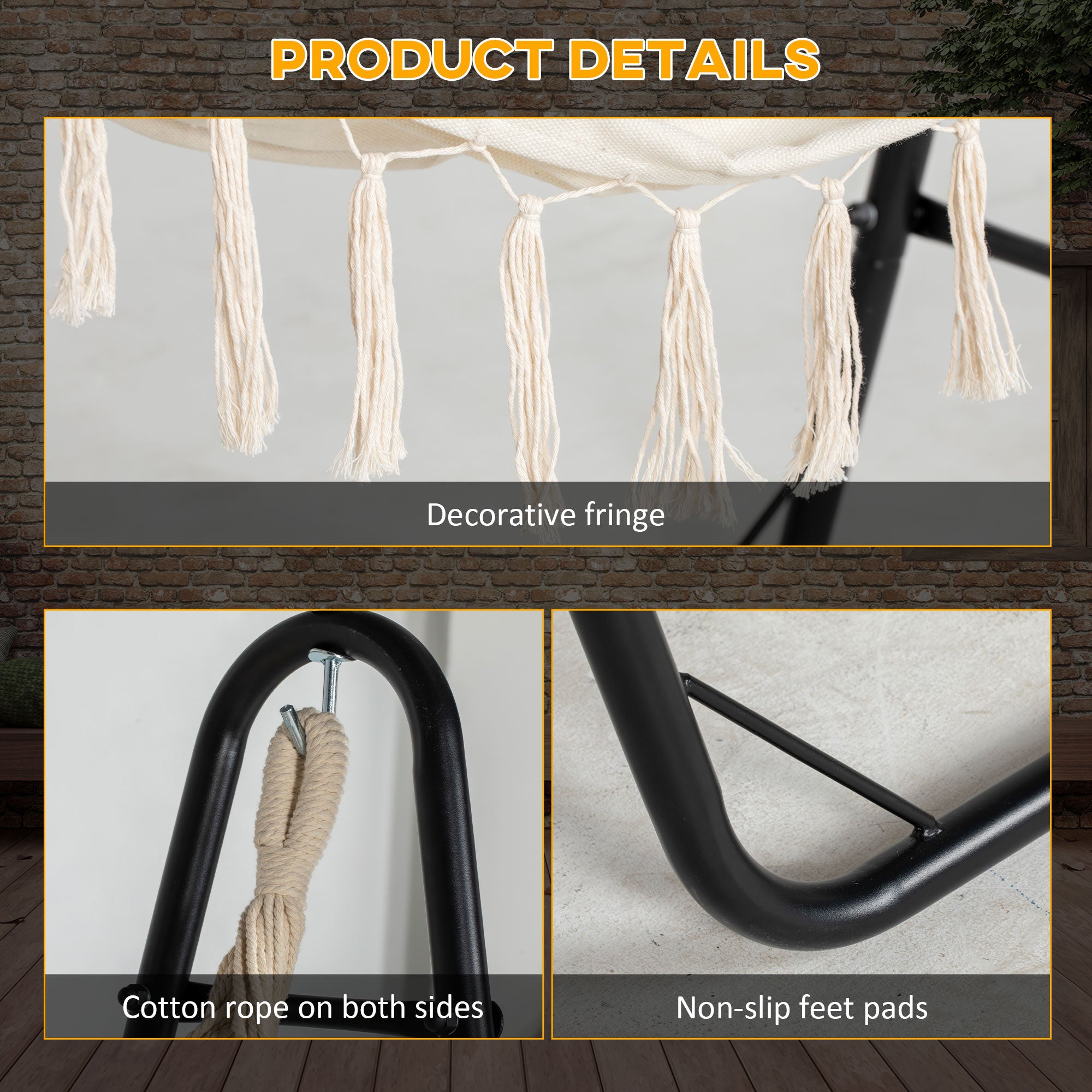 Outsunny Patio Hammock Chair with U Shape Stand, Outdoor Hammock Swing Hanging Lounge Chair with Side Pocket, Cream White