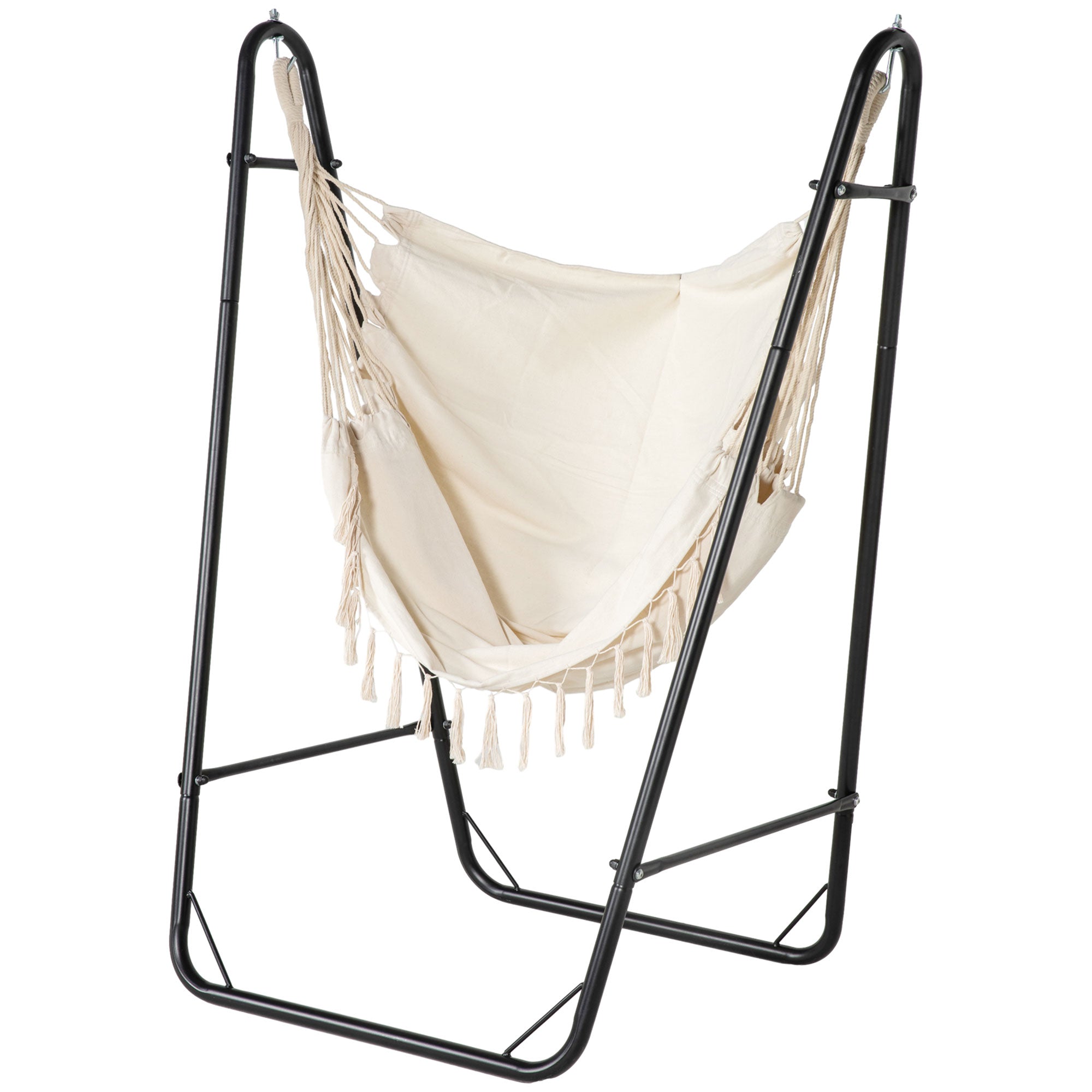 Outsunny Patio Hammock Chair with U Shape Stand, Outdoor Hammock Swing Hanging Lounge Chair with Side Pocket, Cream White