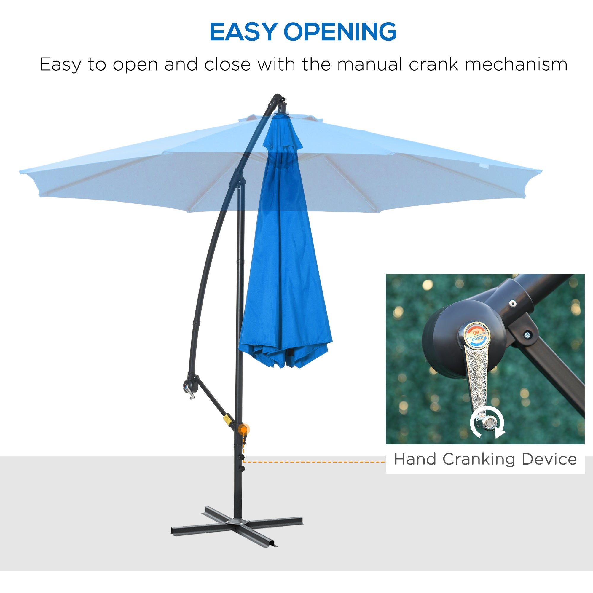 Outsunny 10ft Offset Patio Umbrella with Base, Garden Hanging Parasol with Crank, Banana Cantilever Umbrella Sun Shade, Blue