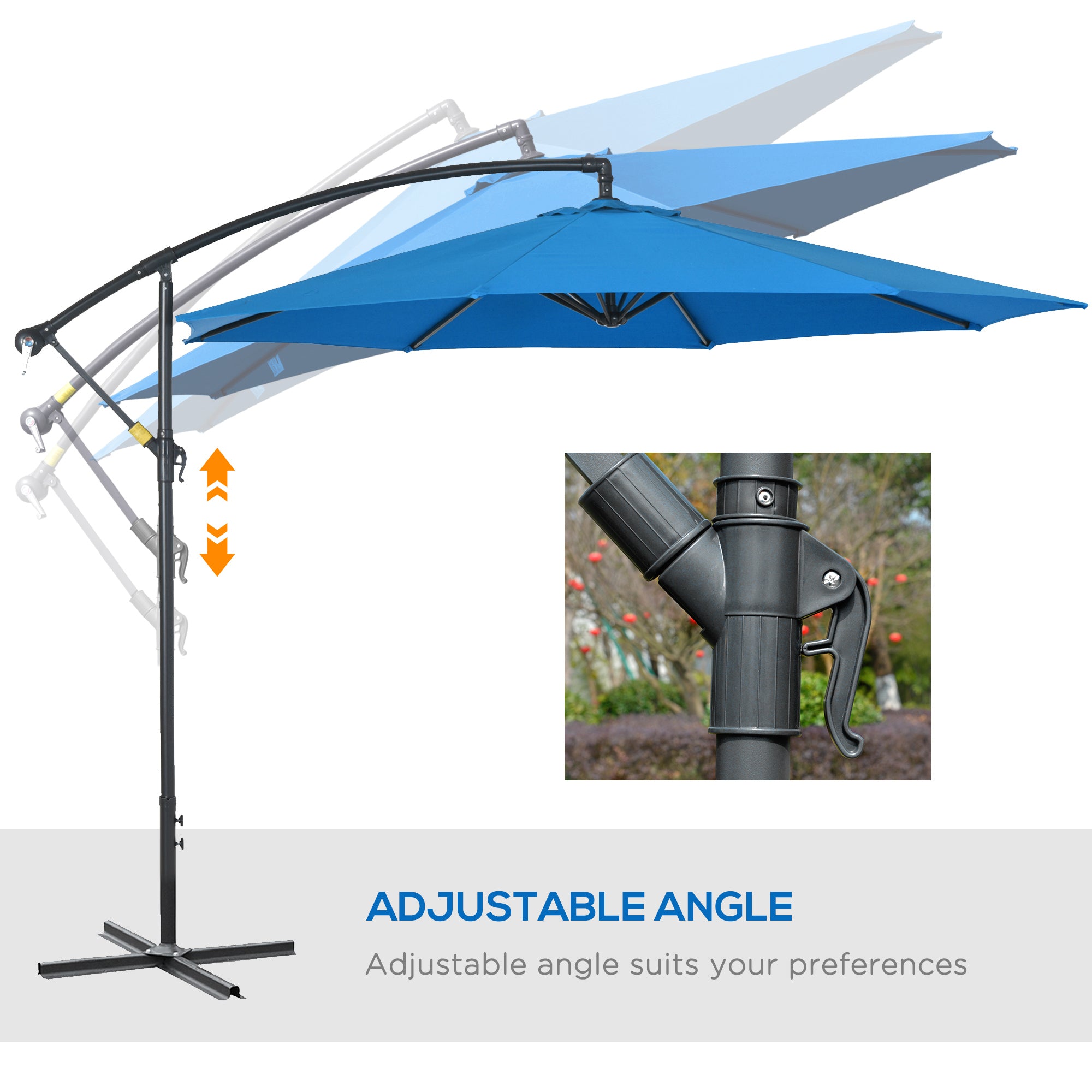 Outsunny 10ft Offset Patio Umbrella with Base, Garden Hanging Parasol with Crank, Banana Cantilever Umbrella Sun Shade, Blue