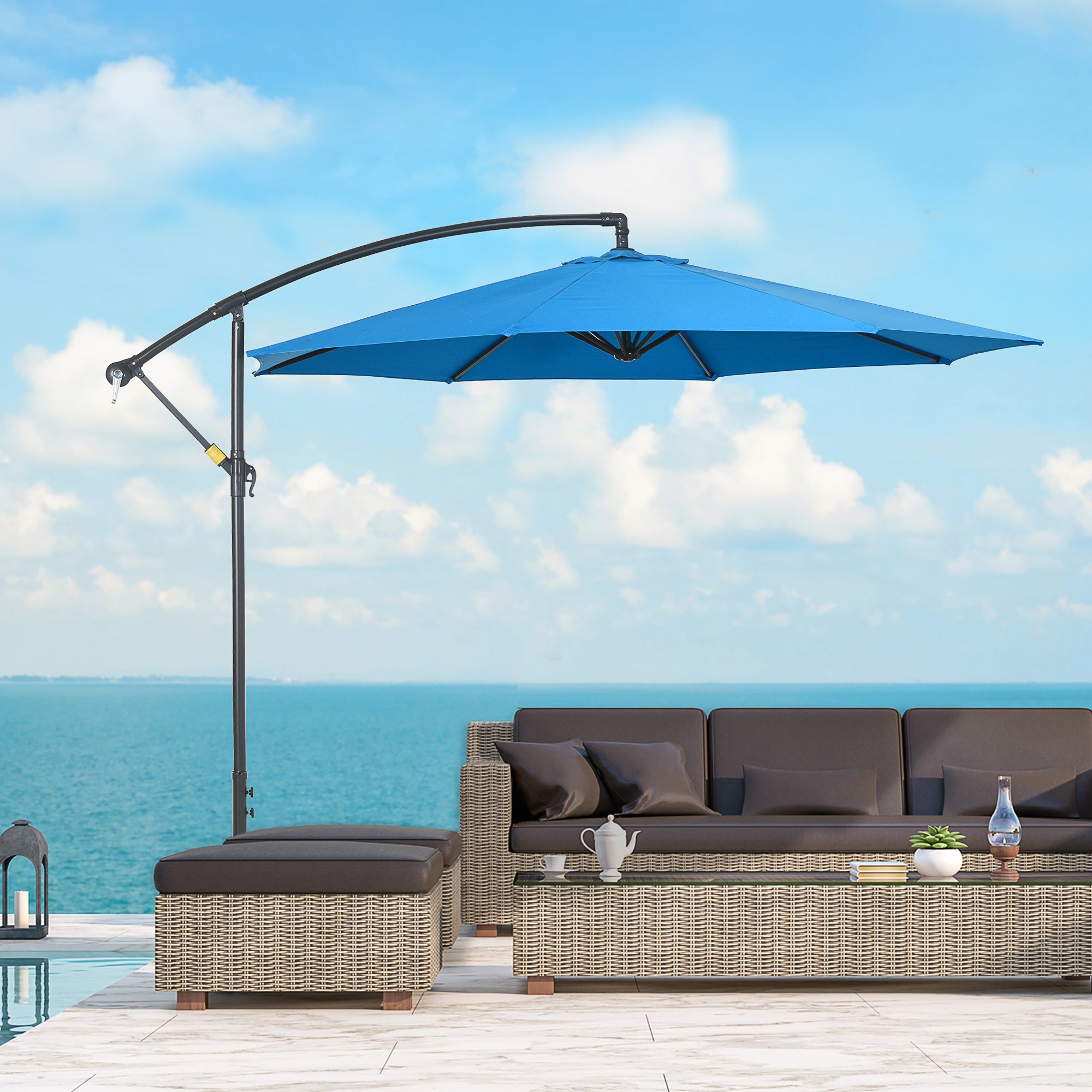 Outsunny 10ft Offset Patio Umbrella with Base, Garden Hanging Parasol with Crank, Banana Cantilever Umbrella Sun Shade, Blue