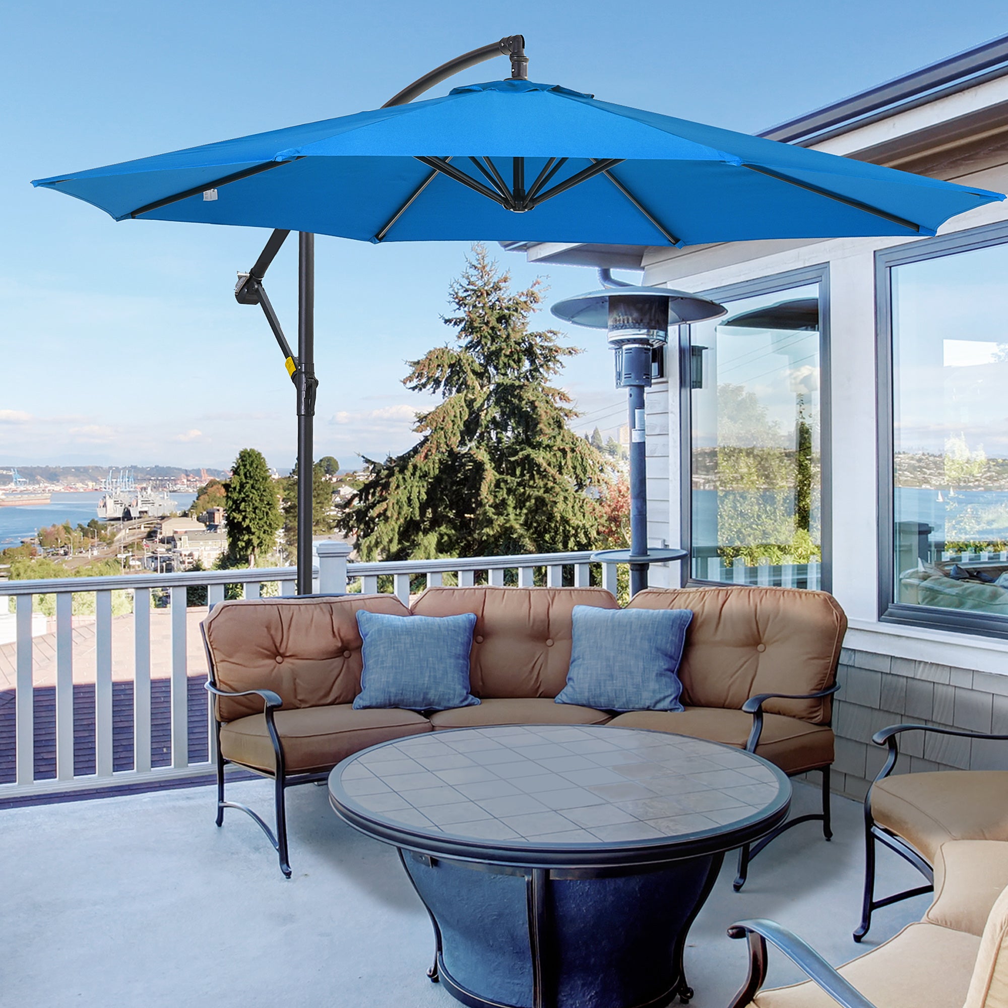 Outsunny 10ft Offset Patio Umbrella with Base, Garden Hanging Parasol with Crank, Banana Cantilever Umbrella Sun Shade, Blue