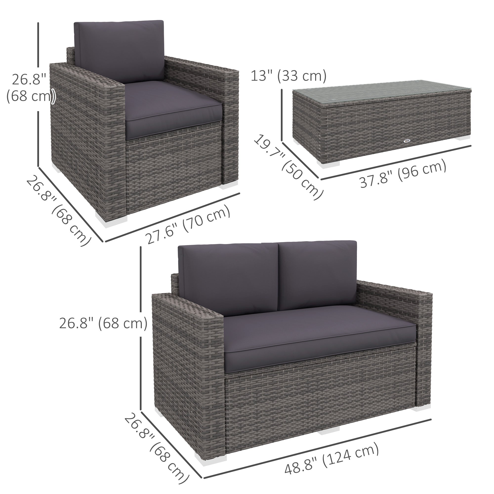 Outsunny 4 Pieces Patio Furniture Set, Rattan Wicker Sofa Deluxe Outdoor Coffee Set Garden Furniture Sets with Cushions for Porch Poolside Balcony, Grey