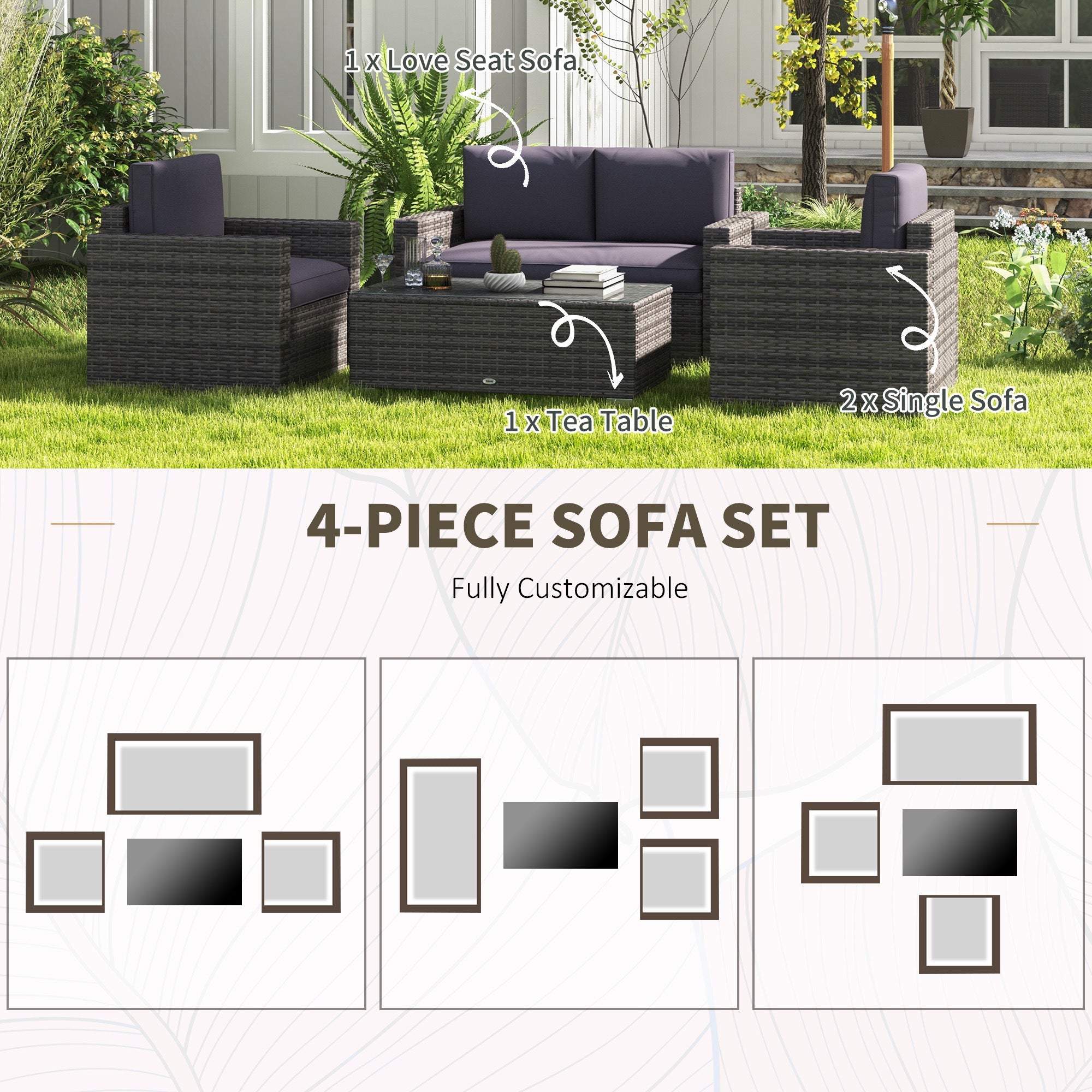 Outsunny 4 Pieces Patio Furniture Set, Rattan Wicker Sofa Deluxe Outdoor Coffee Set Garden Furniture Sets with Cushions for Porch Poolside Balcony, Grey