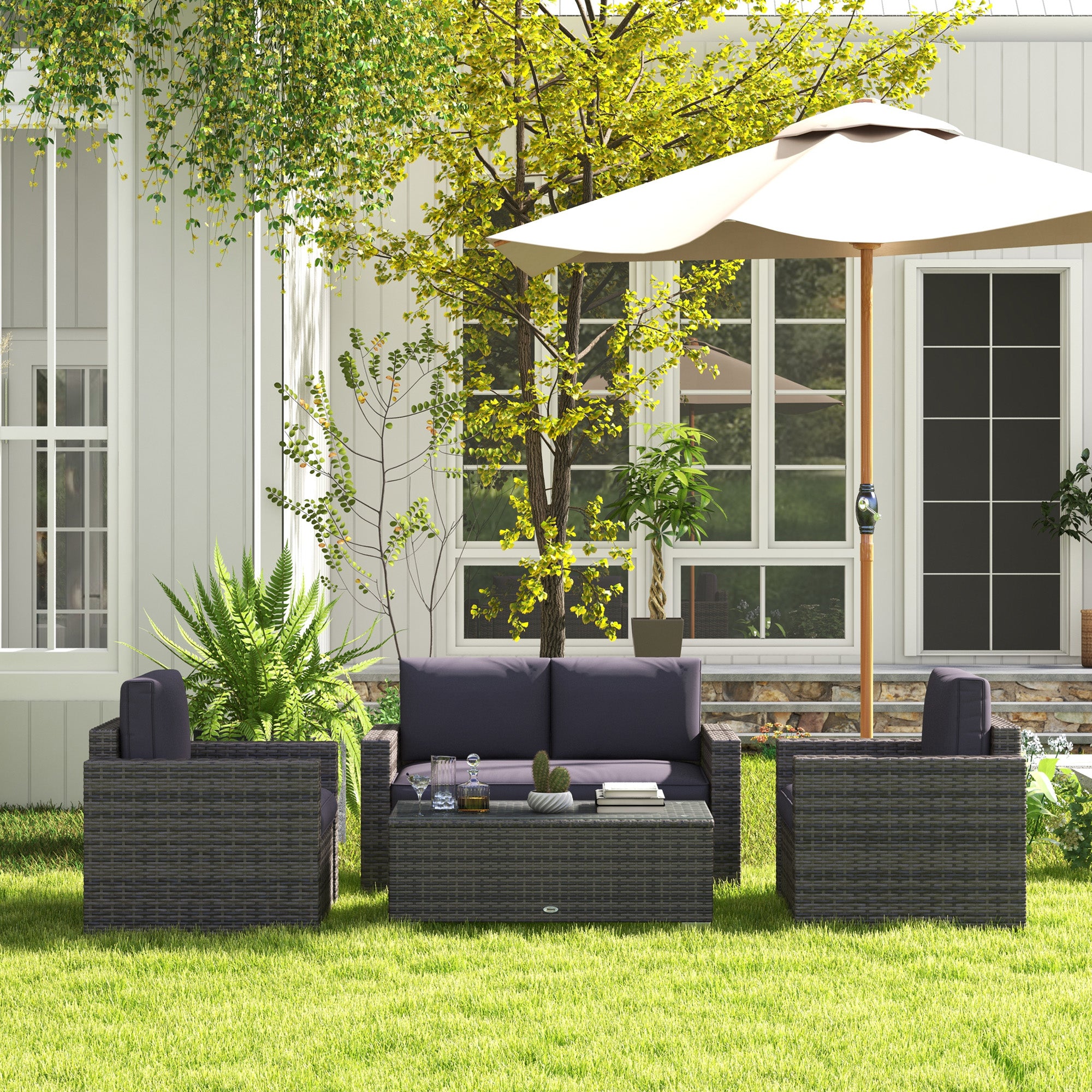 Outsunny 4 Pieces Patio Furniture Set, Rattan Wicker Sofa Deluxe Outdoor Coffee Set Garden Furniture Sets with Cushions for Porch Poolside Balcony, Grey