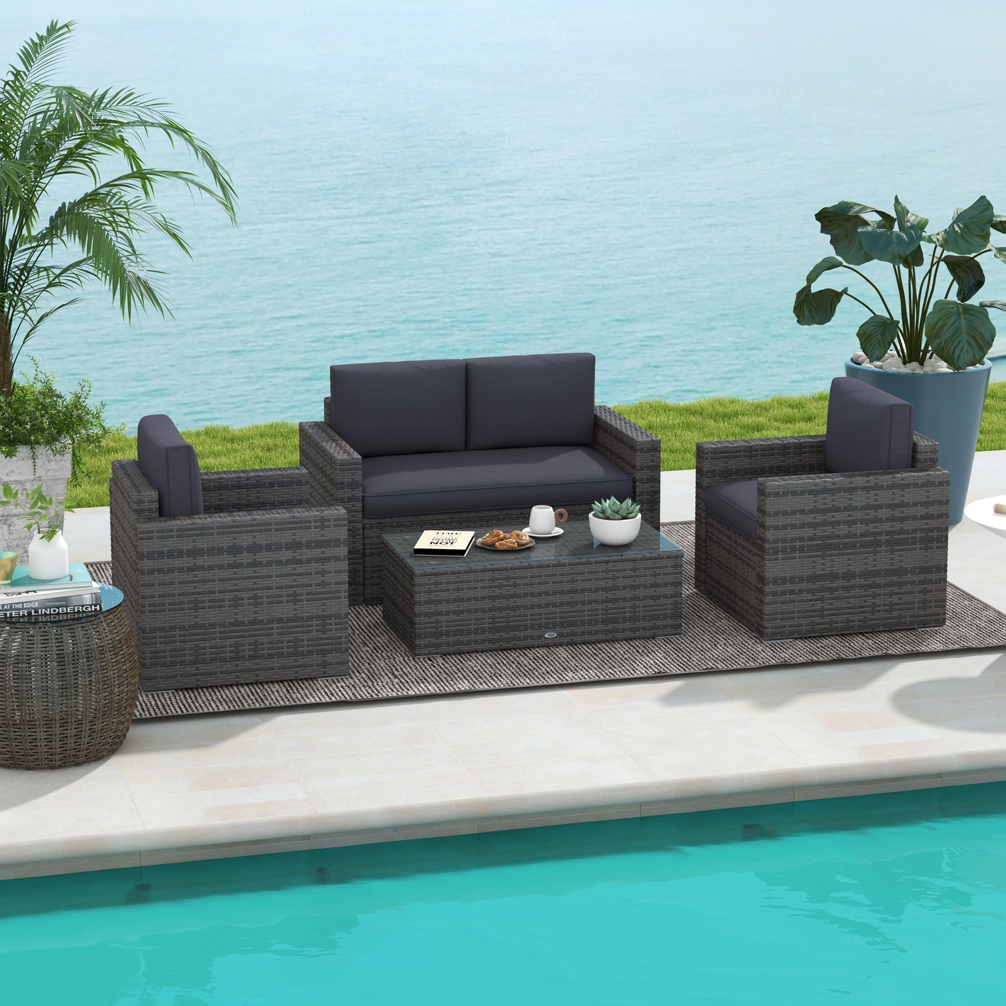 Outsunny 4 Pieces Patio Furniture Set, Rattan Wicker Sofa Deluxe Outdoor Coffee Set Garden Furniture Sets with Cushions for Porch Poolside Balcony, Grey