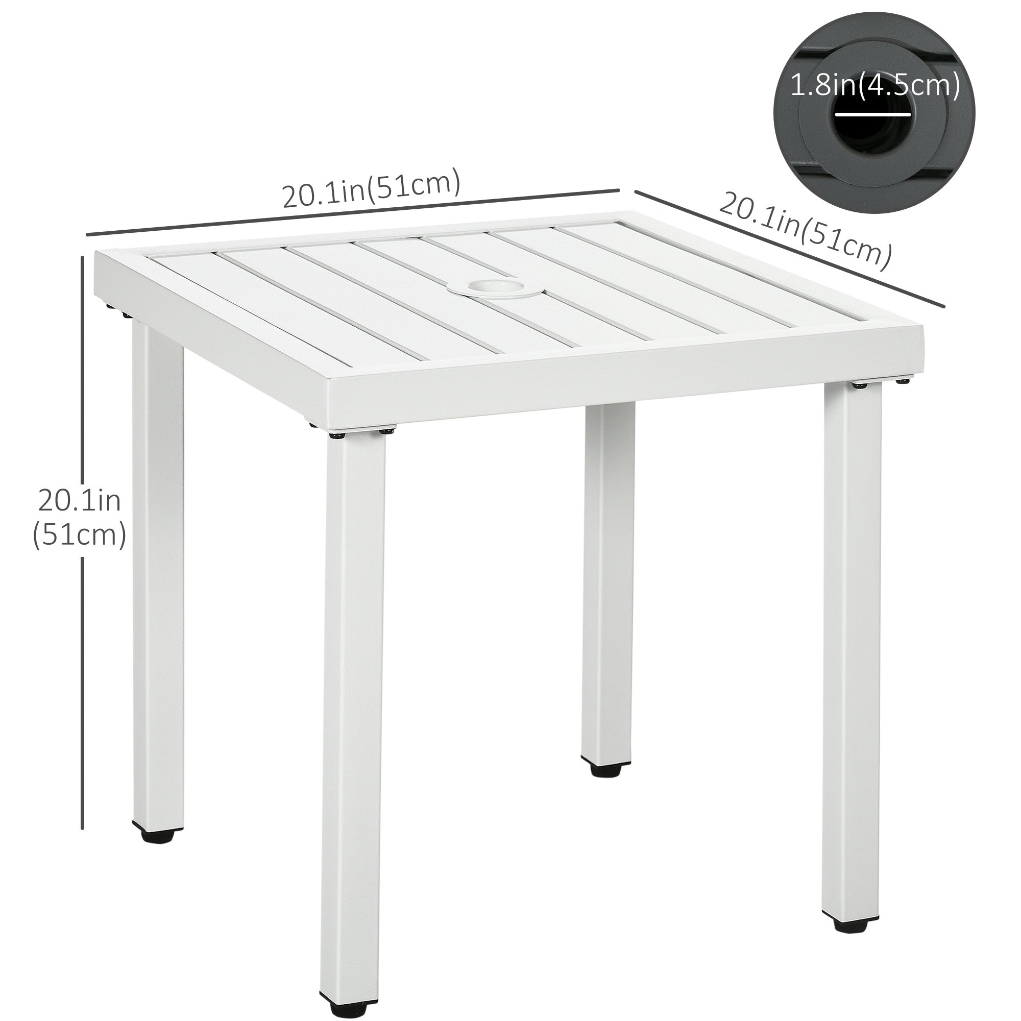 Outsunny Outdoor Side Table, Patio End Table with Umbrella Hole, Small Coffee Table with Steel Frame for Balcony, White