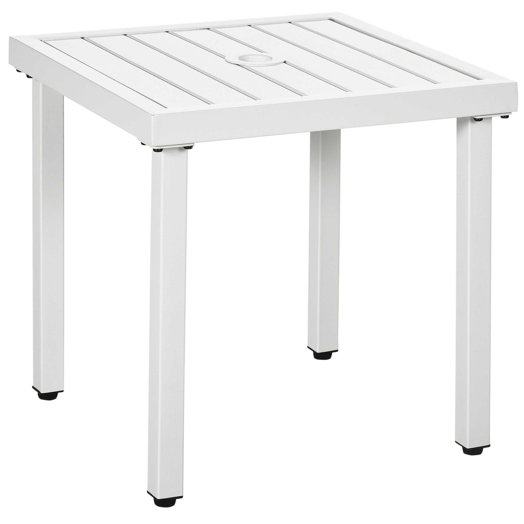 Outsunny Outdoor Side Table, Patio End Table with Umbrella Hole, Small Coffee Table with Steel Frame for Balcony, White