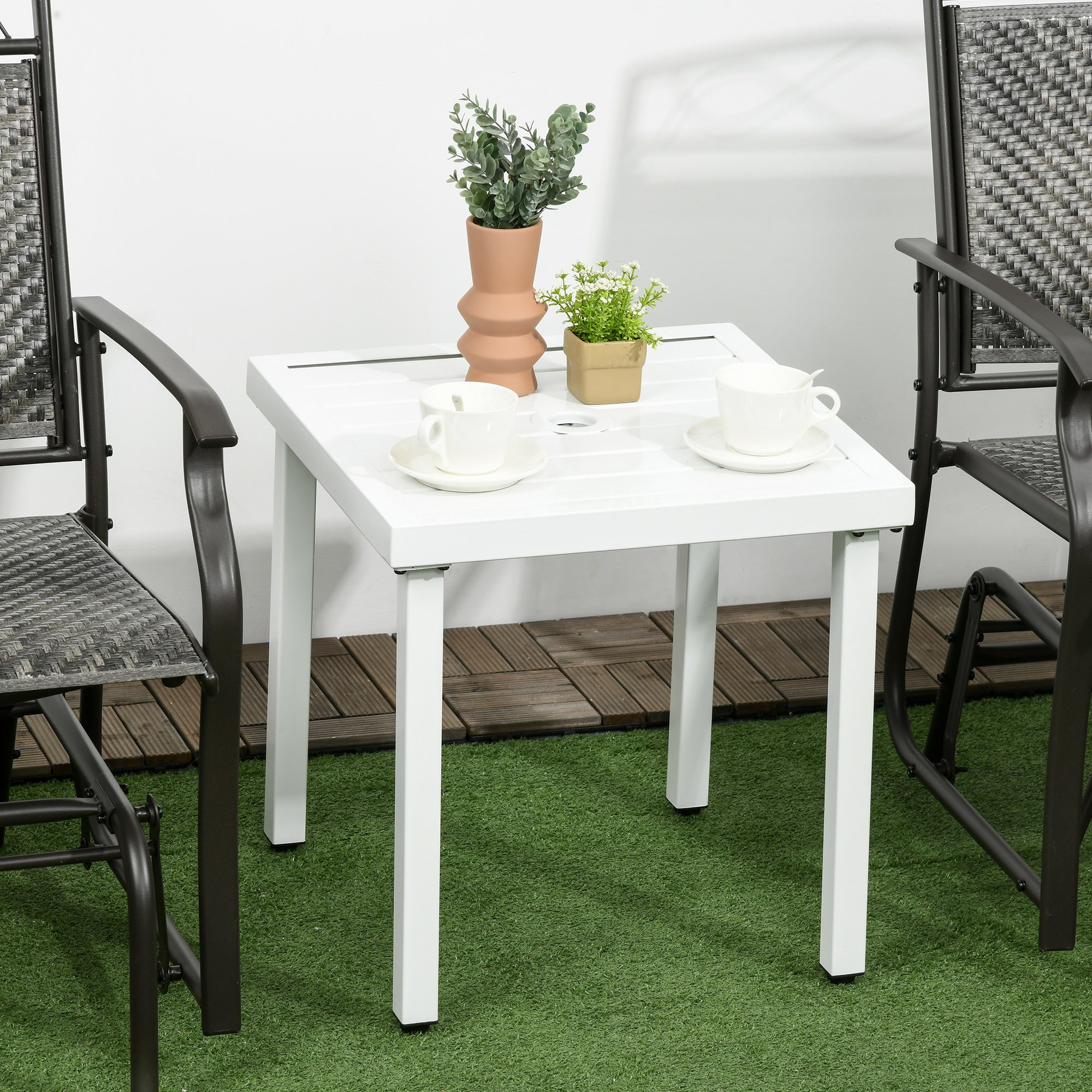 Outsunny Outdoor Side Table, Patio End Table with Umbrella Hole, Small Coffee Table with Steel Frame for Balcony, White