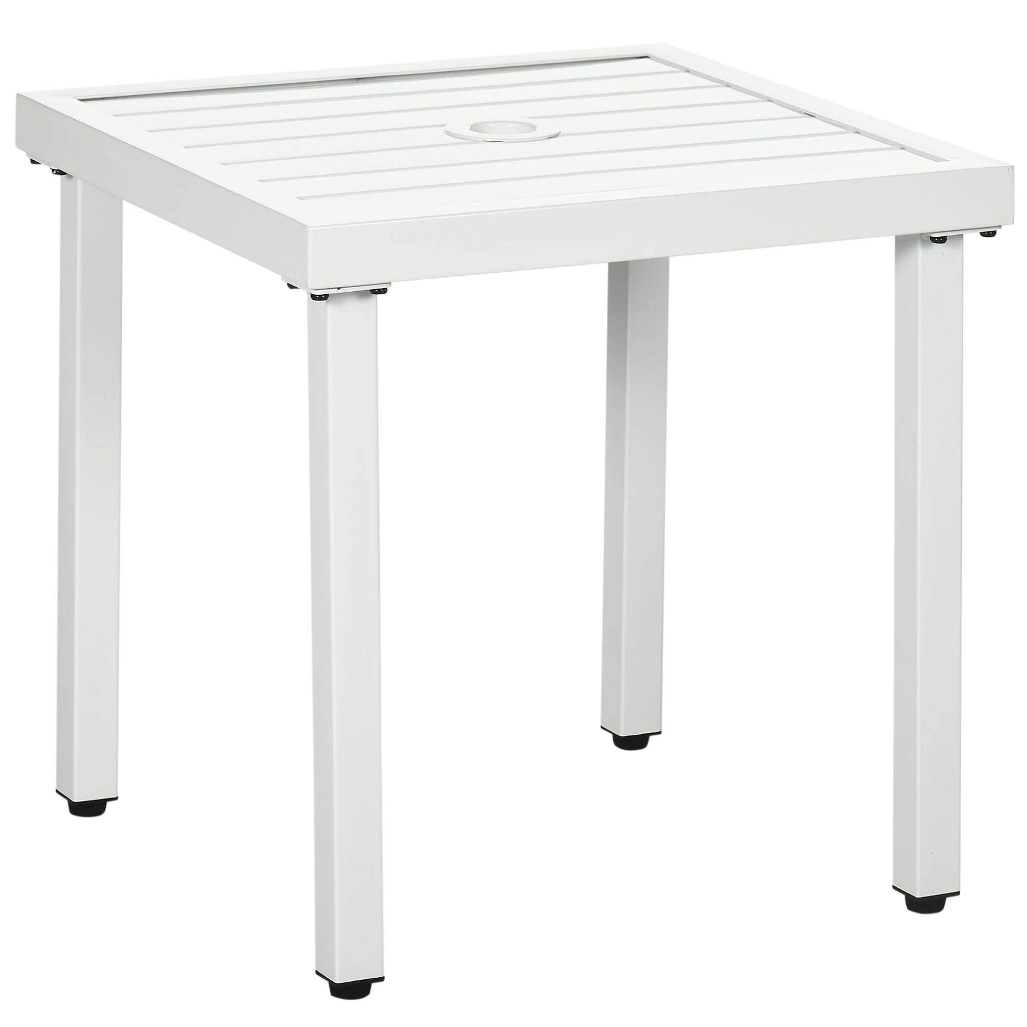 Outsunny Outdoor Side Table, Patio End Table with Umbrella Hole, Small Coffee Table with Steel Frame for Balcony, White