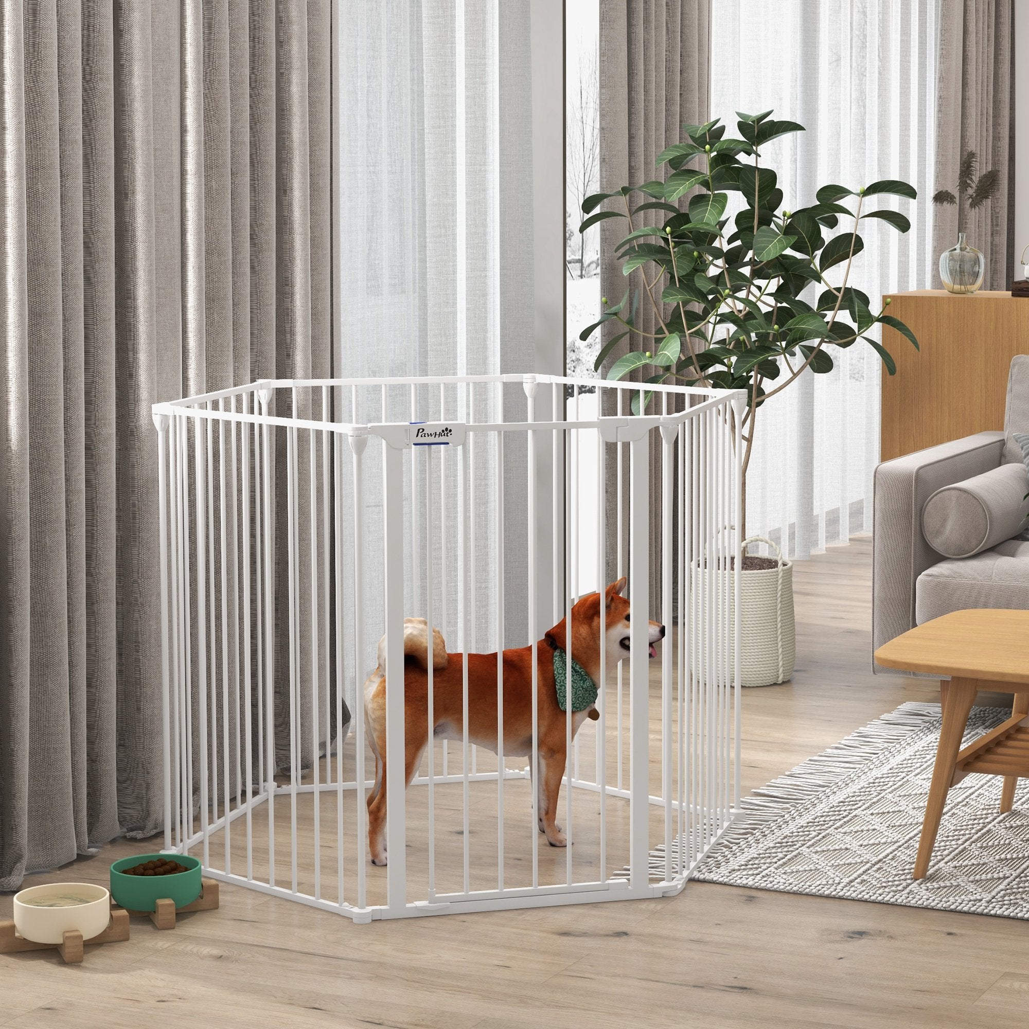 PawHut 2 in 1 Multifunctional Dog Pen, Safety Pet Gate, 6 Panels Dog Playpen with Double-Locking Door, Foldable Dog Barrier for Medium Dogs, 90Hcm - White