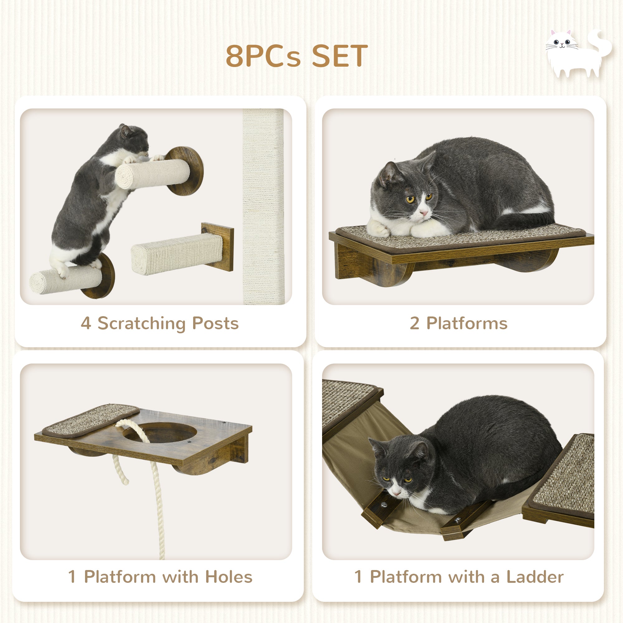 PawHut 8Pcs Cat Shelves, Cat Wall Furniture with Scratching Posts, Perches, Ladder, Wall Mounted Cat Tree for Sleeping, Playing, Lounging - Brown