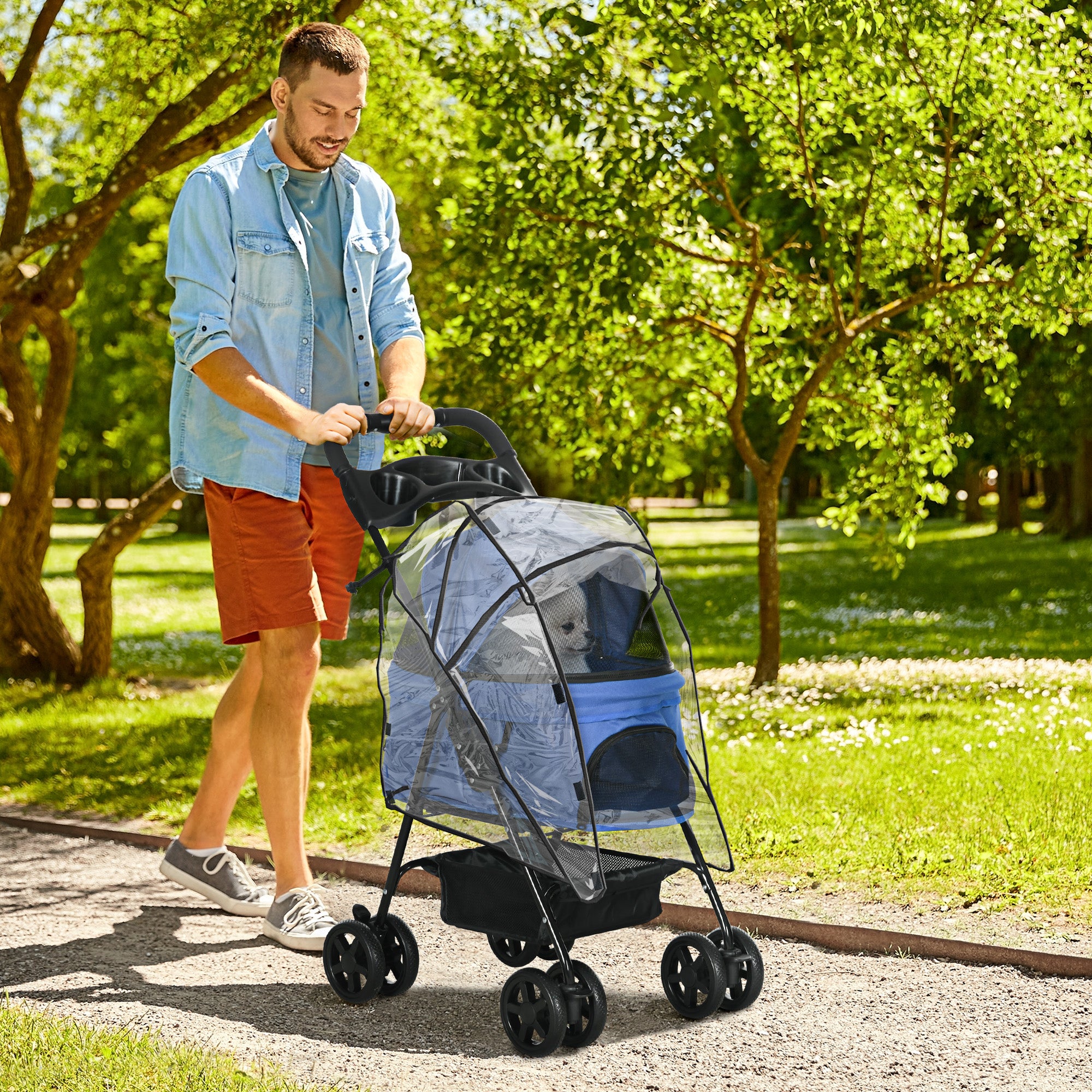 PawHut Dog Stroller with Rain Cover, Dog Pushchair One-Click Fold Trolley Jogger with EVA Wheels Brake Basket Adjustable Canopy Safety Leash for Small Dogs, Blue