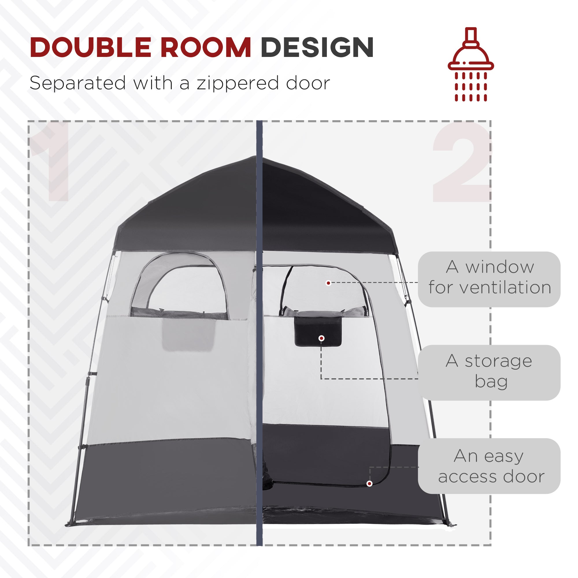 Outsunny Pop Up Shower Tent for Camping with 2 Rooms, Outdoor Portable Changing Tent Privacy Enclosure with Shower Bag, Hook, Floor and Carrying Bag, Black