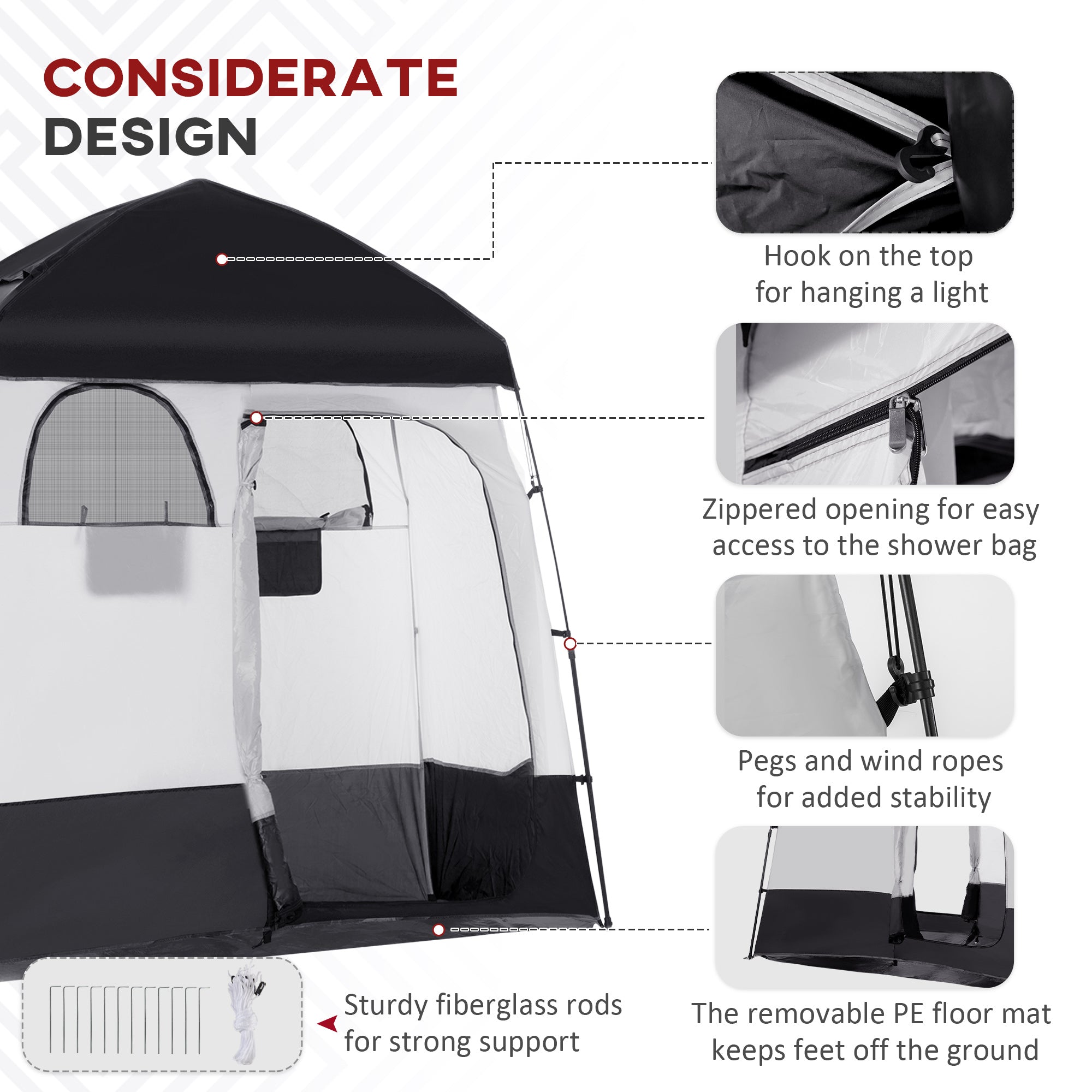Outsunny Pop Up Shower Tent for Camping with 2 Rooms, Outdoor Portable Changing Tent Privacy Enclosure with Shower Bag, Hook, Floor and Carrying Bag, Black