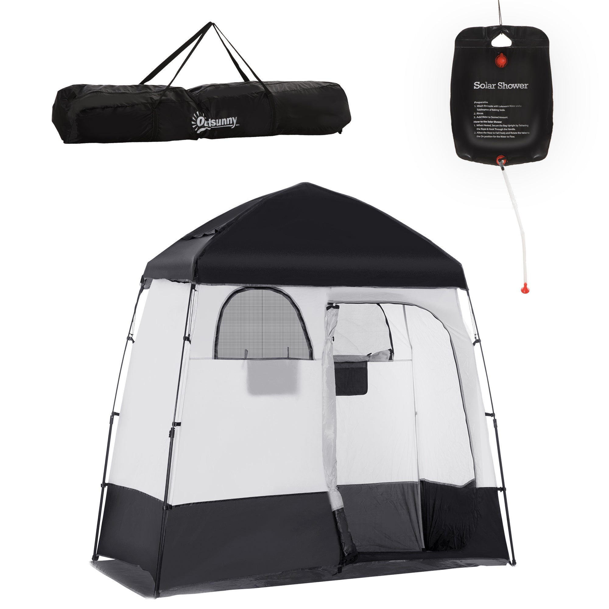 Outsunny Pop Up Shower Tent for Camping with 2 Rooms, Outdoor Portable Changing Tent Privacy Enclosure with Shower Bag, Hook, Floor and Carrying Bag, Black
