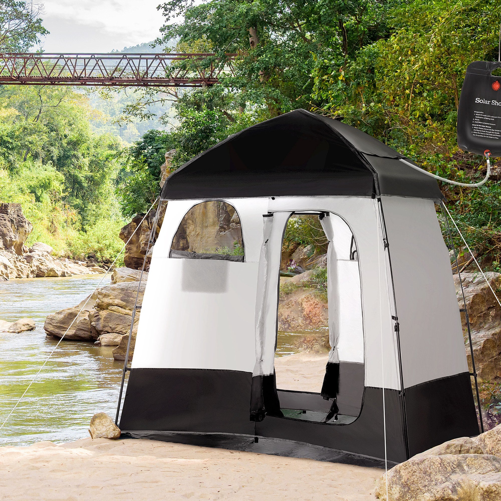 Outsunny Pop Up Shower Tent for Camping with 2 Rooms, Outdoor Portable Changing Tent Privacy Enclosure with Shower Bag, Hook, Floor and Carrying Bag, Black
