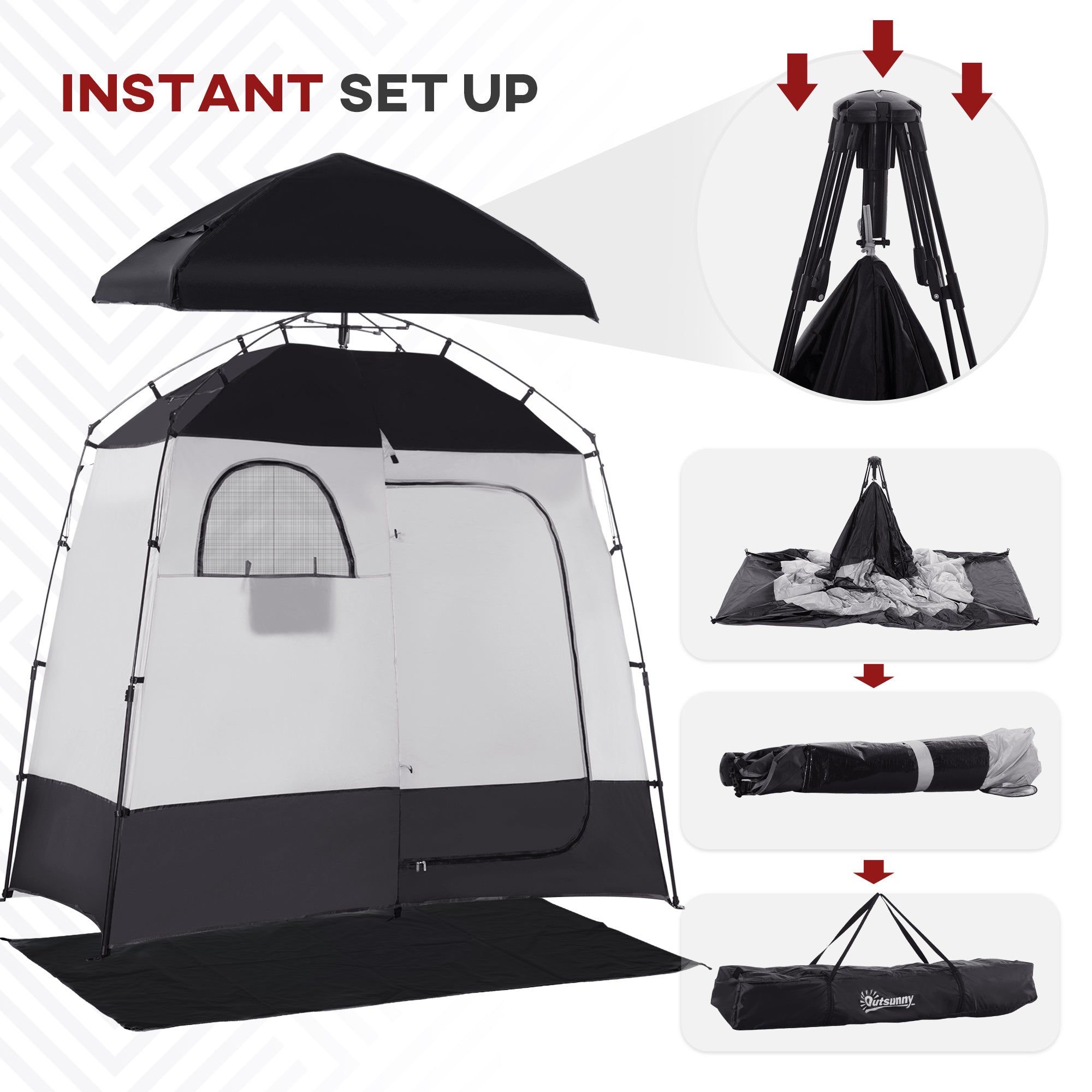 Outsunny Pop Up Shower Tent for Camping with 2 Rooms, Outdoor Portable Changing Tent Privacy Enclosure with Shower Bag, Hook, Floor and Carrying Bag, Black