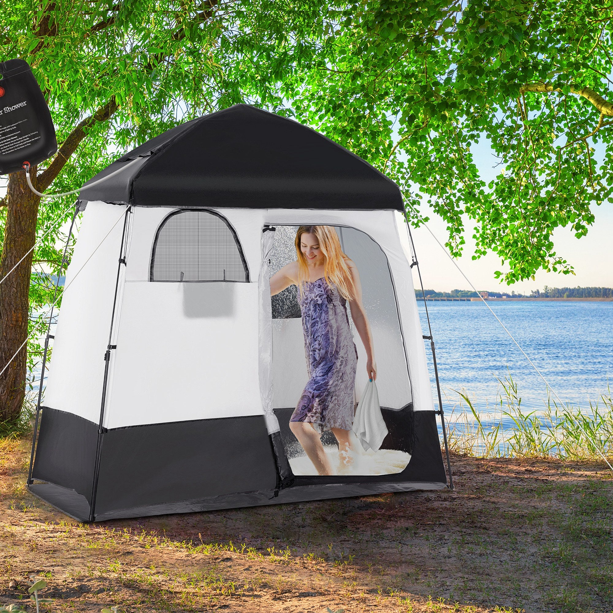 Outsunny Pop Up Shower Tent for Camping with 2 Rooms, Outdoor Portable Changing Tent Privacy Enclosure with Shower Bag, Hook, Floor and Carrying Bag, Black
