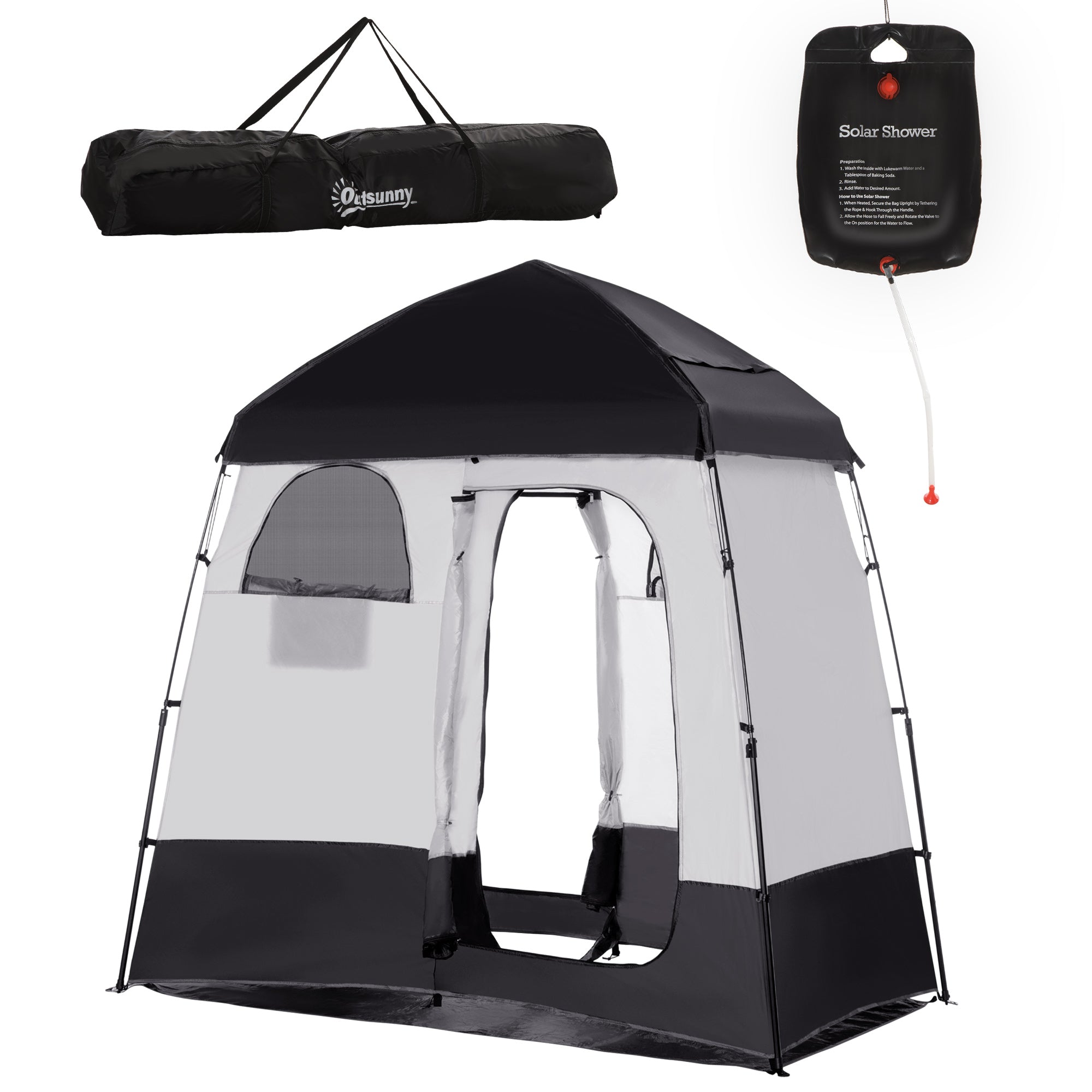 Outsunny Pop Up Shower Tent for Camping with 2 Rooms, Outdoor Portable Changing Tent Privacy Enclosure with Shower Bag, Hook, Floor and Carrying Bag, Black