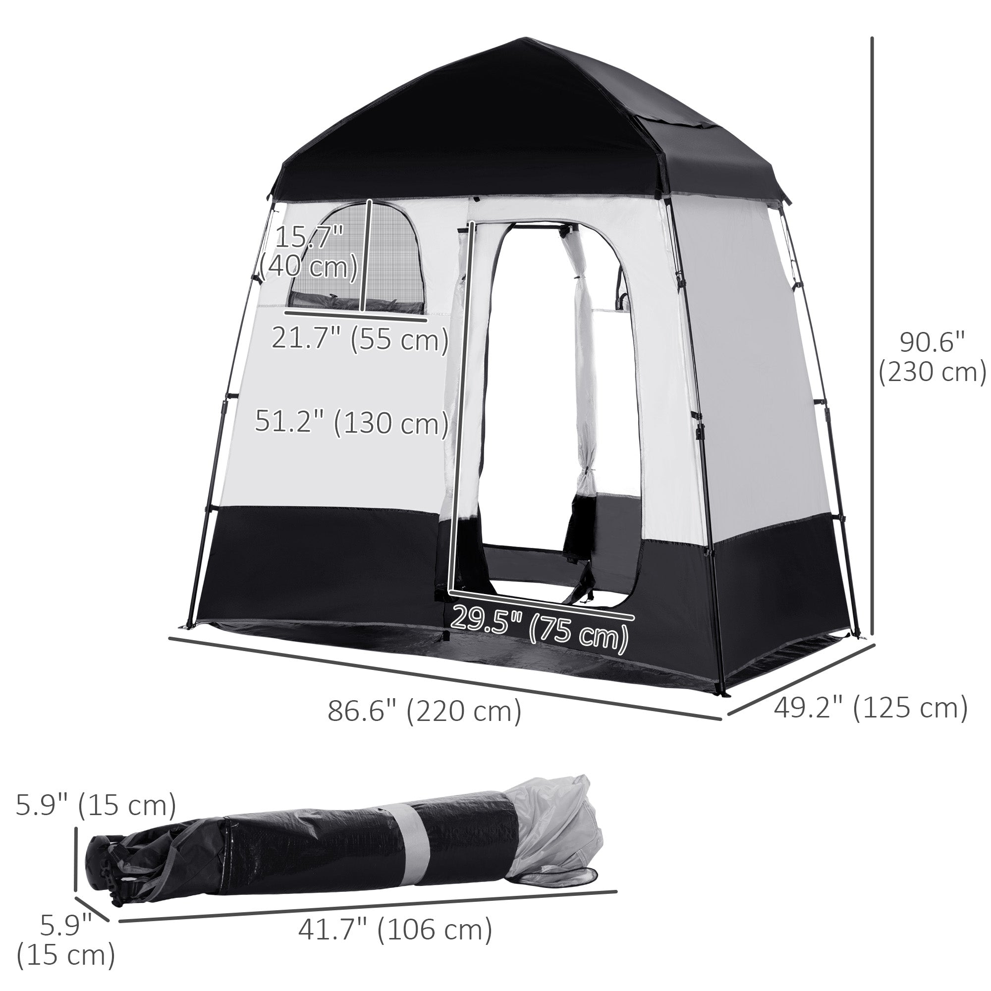 Outsunny Pop Up Shower Tent for Camping with 2 Rooms, Outdoor Portable Changing Tent Privacy Enclosure with Shower Bag, Hook, Floor and Carrying Bag, Black