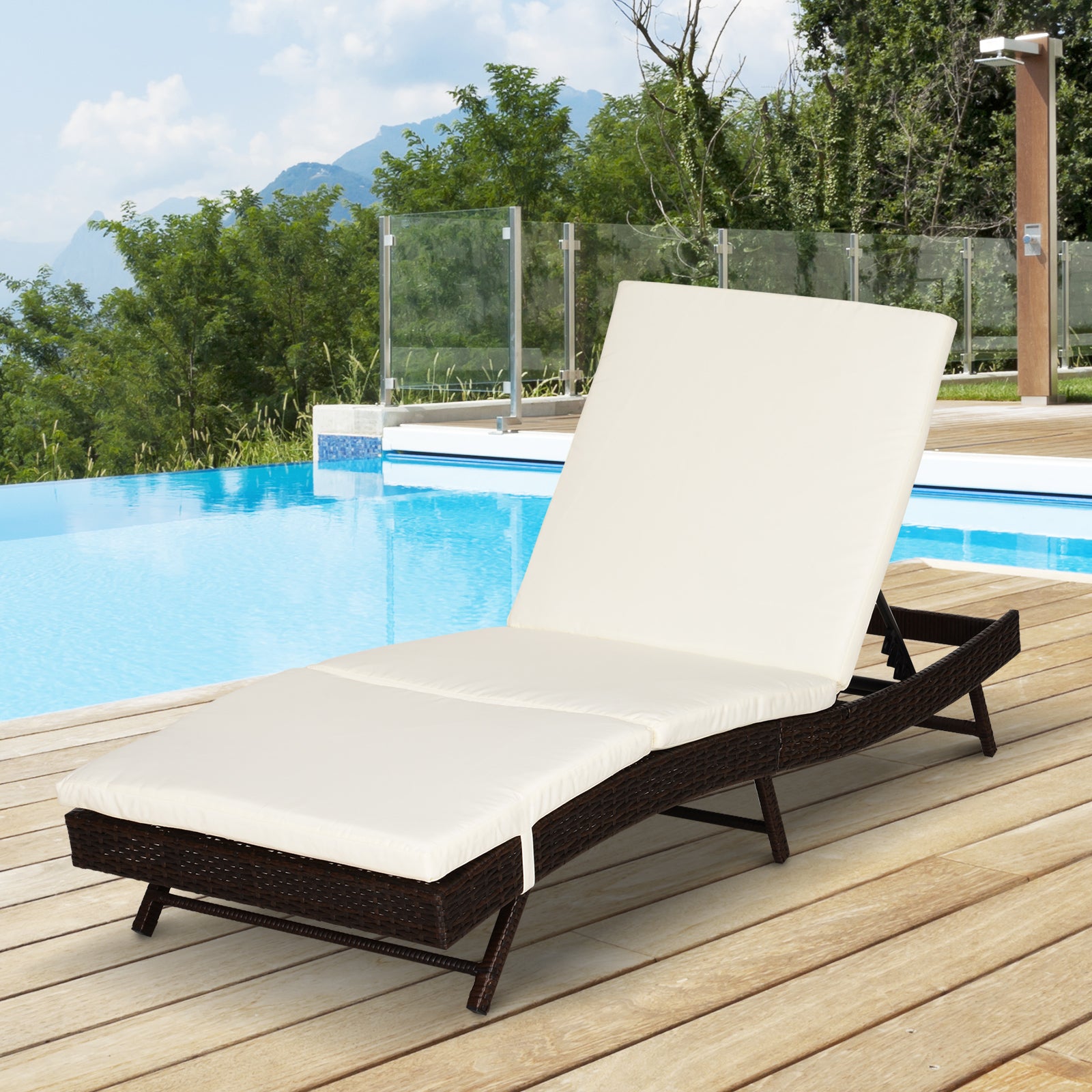 Outsunny Wicker Patio Lounger, Outdoor S Shape Recliners Lounge Chair w/ 5-Level Adjustable Backrest, Soft Padded Cushion for Outdoor Use, Cream White