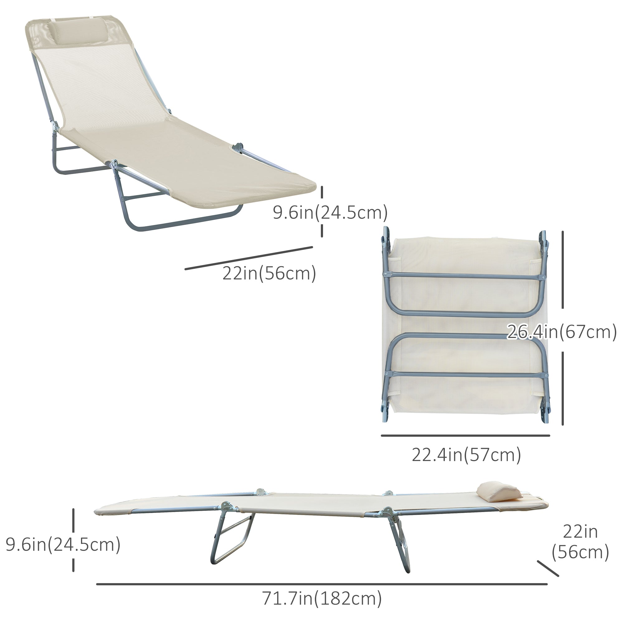 Outsunny Outdoor Lounge Chair, Portable Adjustable Reclining Seat Folding Chaise Lounge Patio Camping Beach Tanning Chair Bed with Pillow, Beige